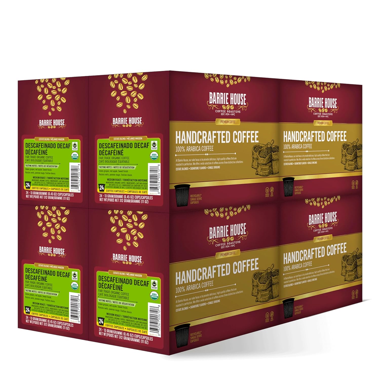 Barrie House Descafeinado Cápsulas de café descafeinado de una sola porción, paquete de 96  Compatible con cafeteras Keurig K Cup  Sabor crujiente,