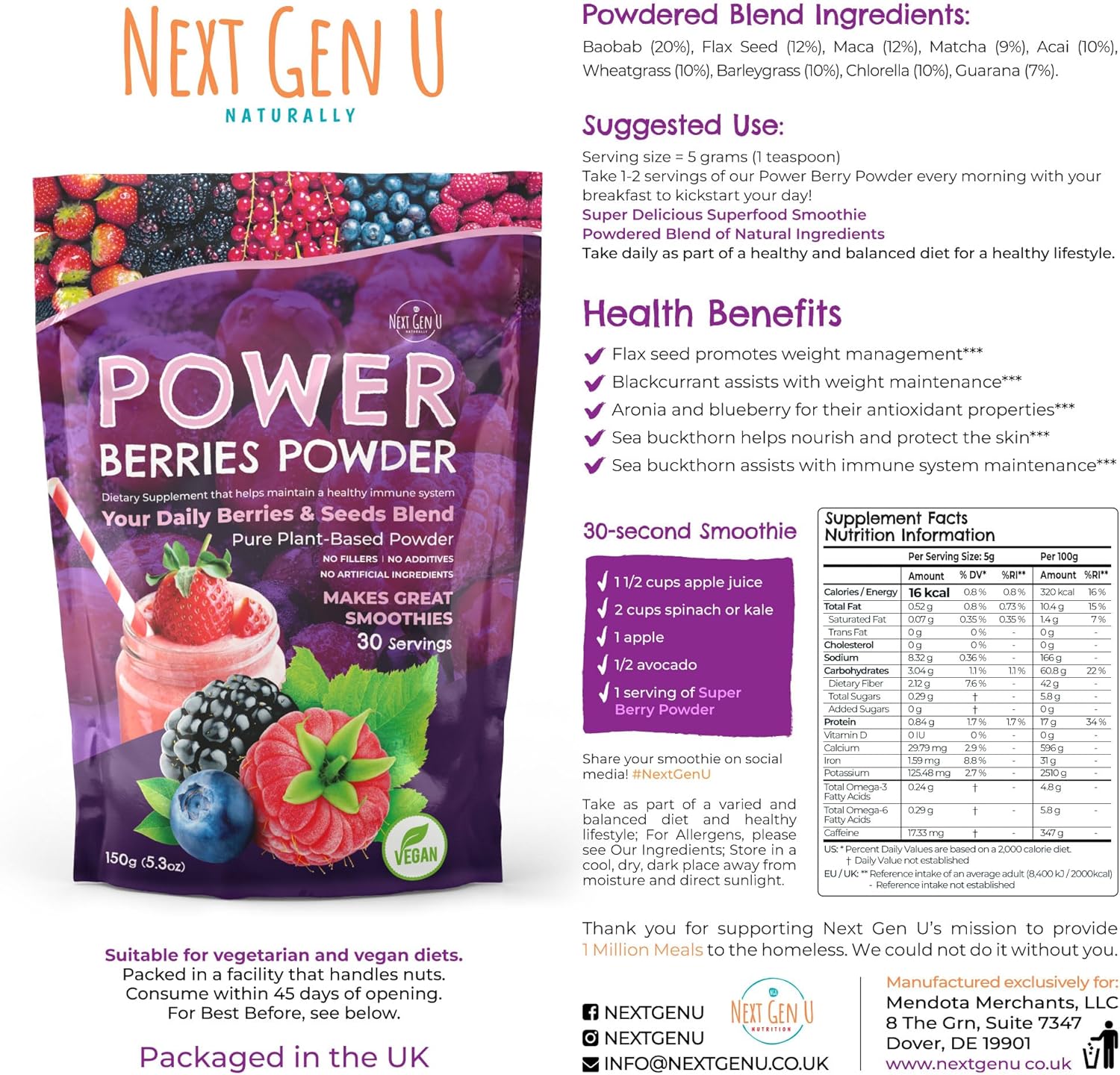 Next Gen U Super Berry Powder 5.29 oz, suplemento alimenticio de apoyo inmunológico, mezcla de batidos de bayas superalimentos para batidos,
