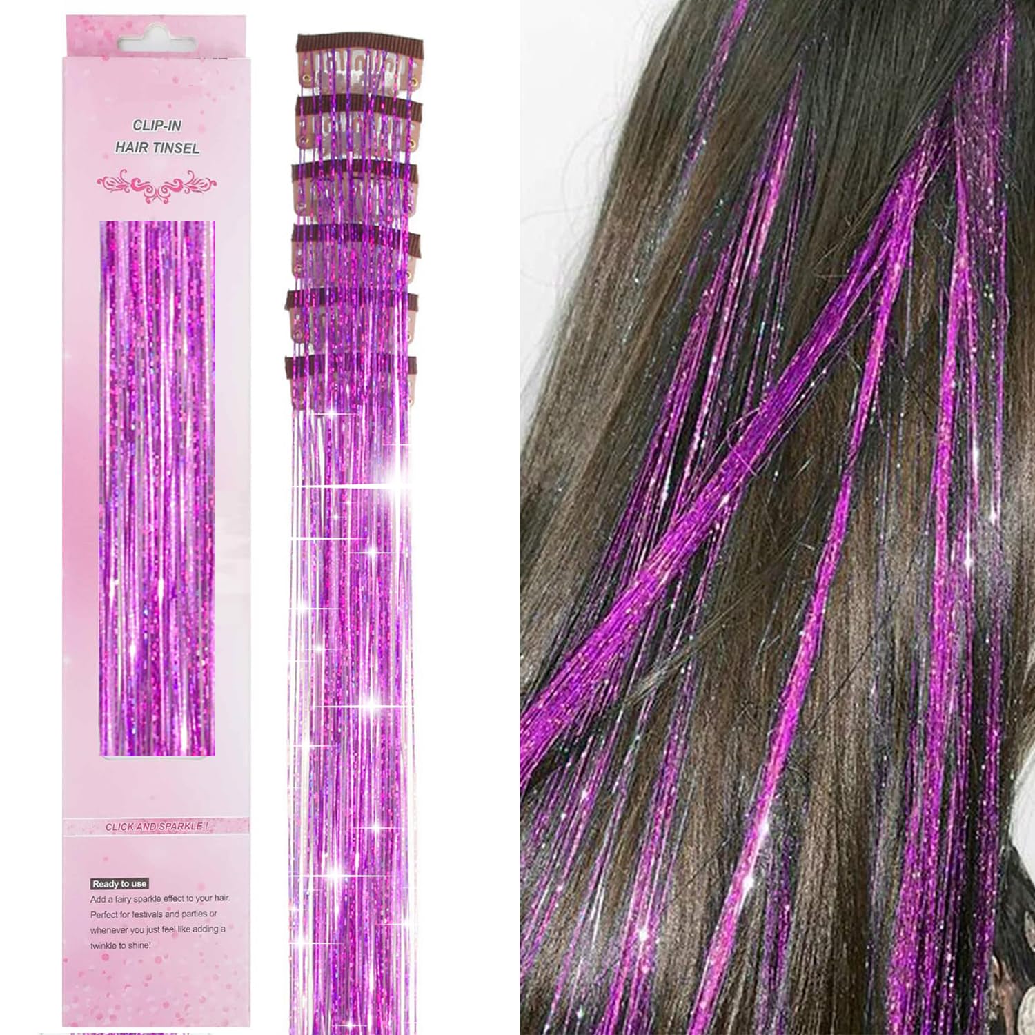 Kit de 6 piezas de oropel para el cabello, extensiones de cabello de oropel con purpurina de 20 pulgadas, resistentes al calor, hebras de cabello de