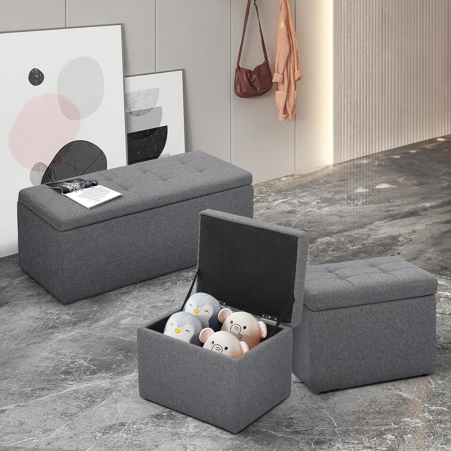 Magshion Banco otomano rectangular de almacenamiento, reposapiés copetudo con otomanas cubo, juego de 3 bancos para dormitorio, extremo de cama,