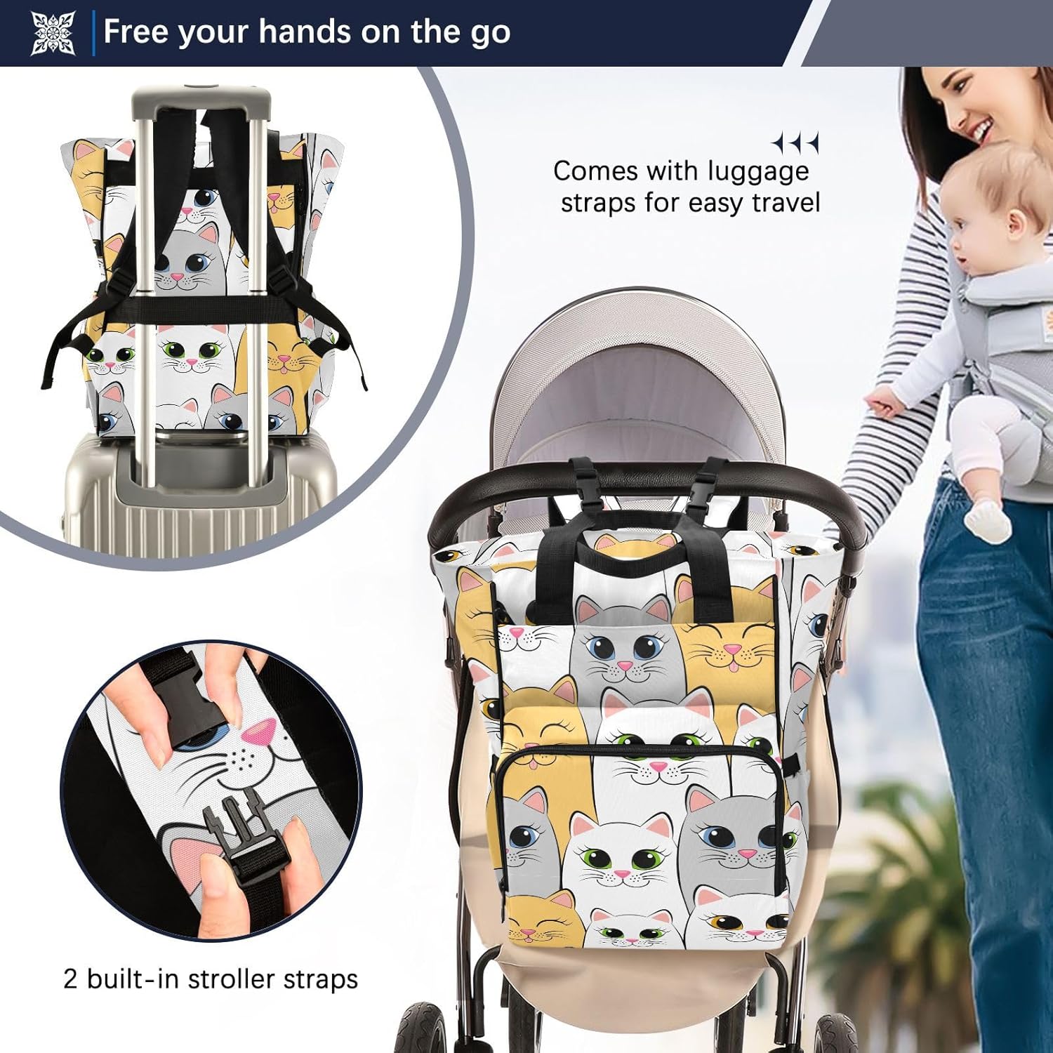 Gatos (2) Mochila de pañales para bebés, niños y niñas, multifunción para bebés, bolsa de viaje con correas para cochecito y almacenamiento de