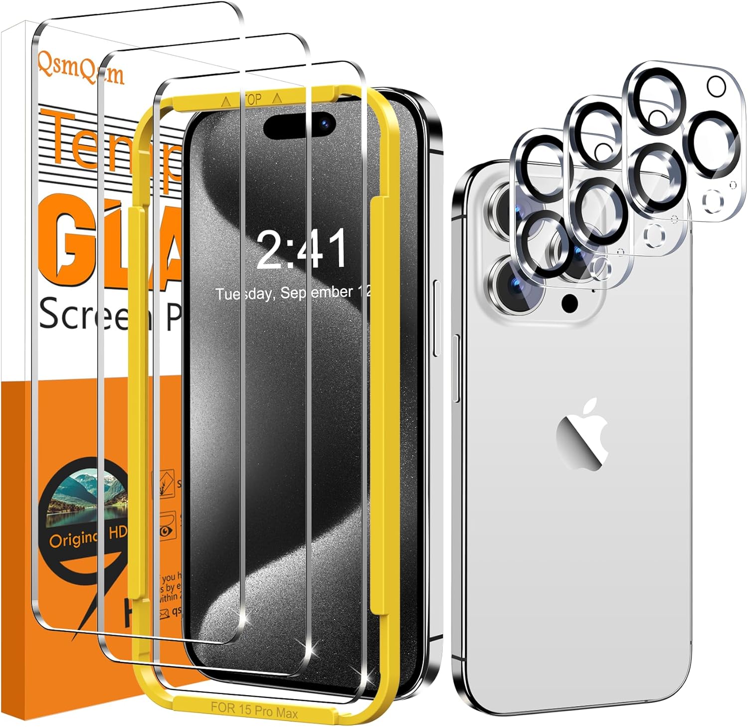 QsmQam Paquete de 3 protectores de pantalla para iPhone 15 Pro Max de 6.7 pulgadas con 3 protectores de lente de cámara, vidrio templado Ultra HD,