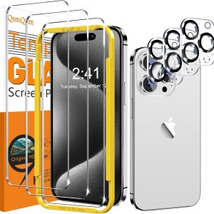 QsmQam Paquete de 3 protectores de pantalla para iPhone 15 Pro Max de 6.7 pulgadas con 3 protectores de lente de cámara, vidrio templado Ultra HD, QsmQam Paquete de 3 protectores de pantalla para iPhone 15 Pro Max de 6.7 pulgadas con 3 protectores de lente de cámara, vidrio templado Ultra HD,