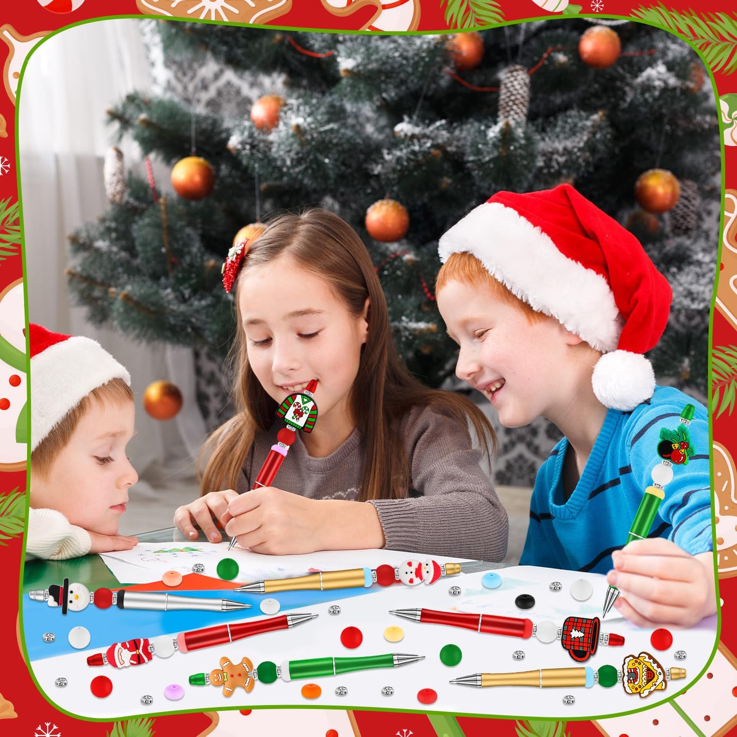 12 bolígrafos de Navidad con cuentas, bolígrafos de cuentas de plástico, bolígrafos de cuentas de silicona, muñecos de nieve, Papá Noel, para