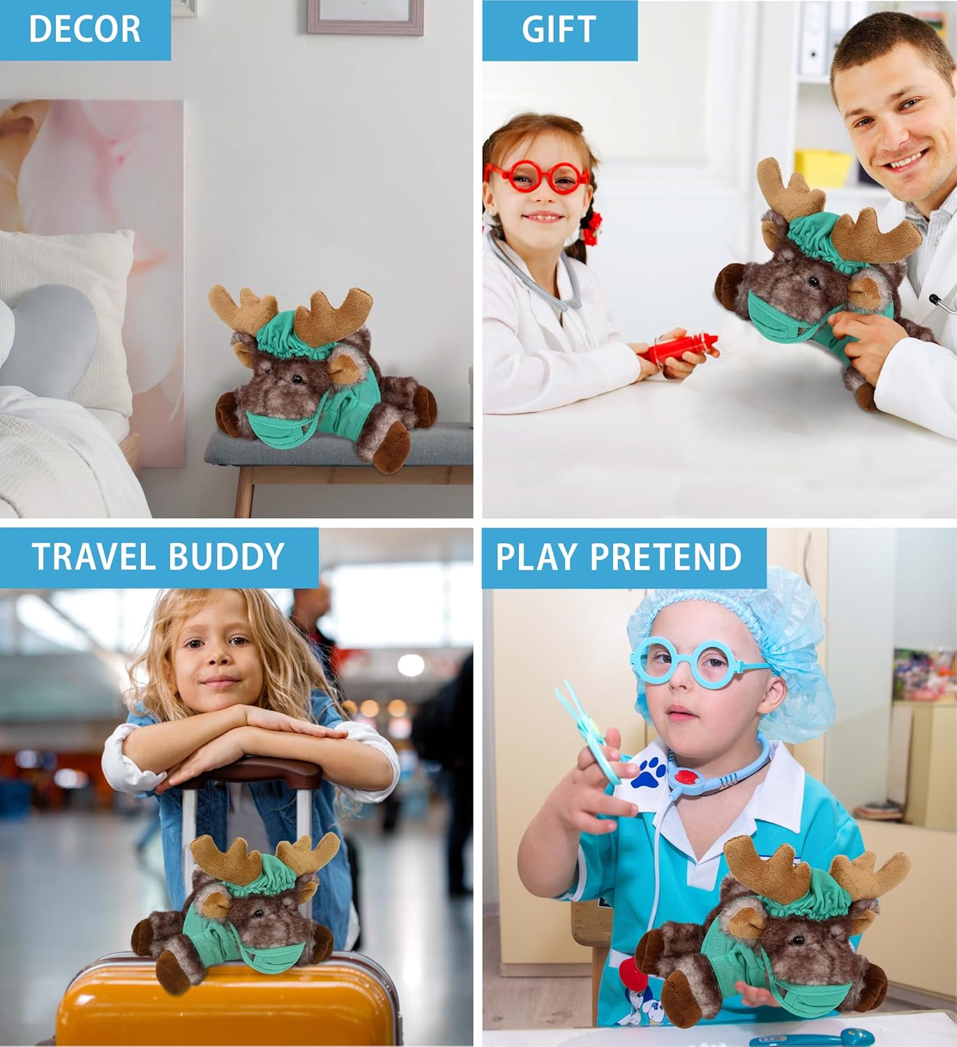 DolliBu Peluche de médico de alce mentiroso Brownish  Disfraz de médico de alce súper suave con bonito uniforme y traje de gorra, regalo con
