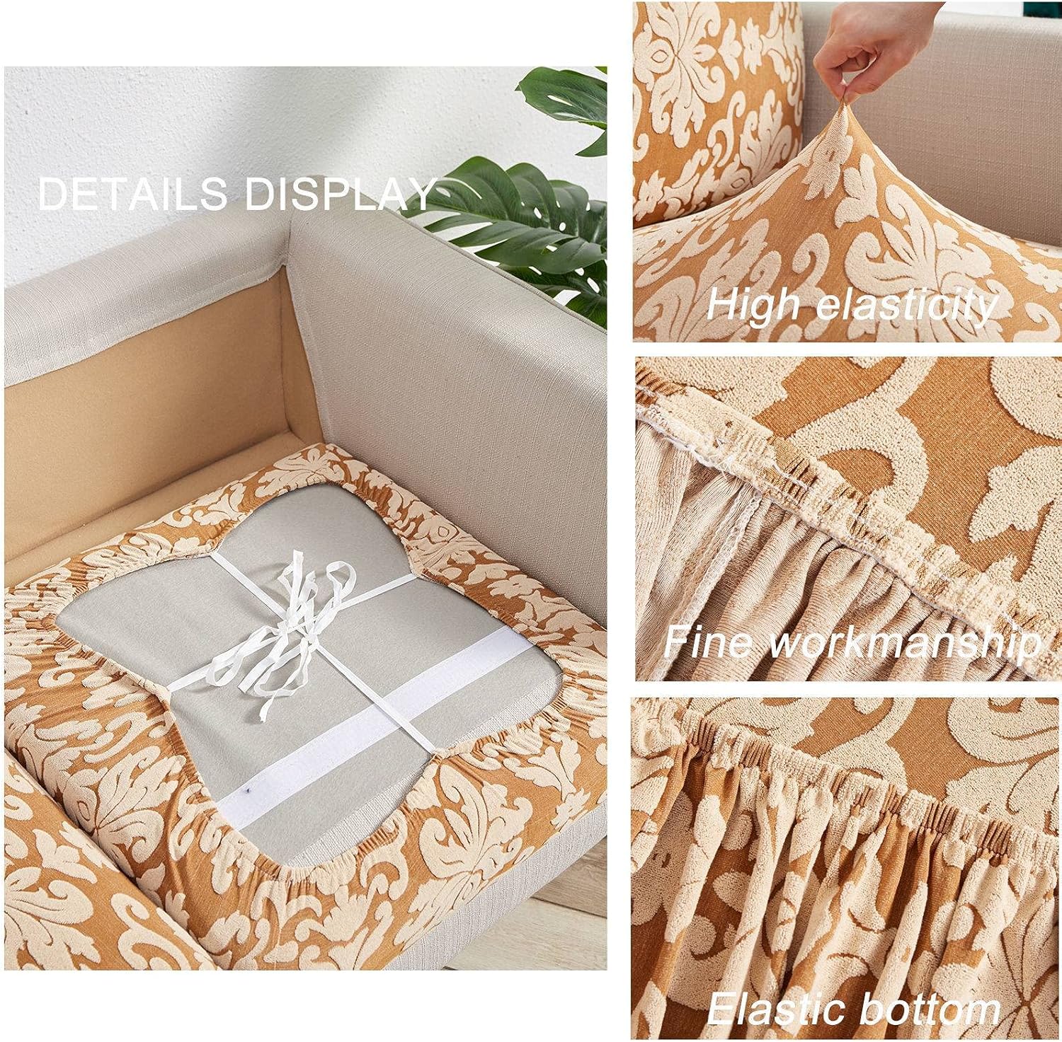 Fundas de cojín para sofá, fundas elásticas de cojín de sofá de jacquard de damasco, funda de cojín para sofá, protector de muebles, champán, 2