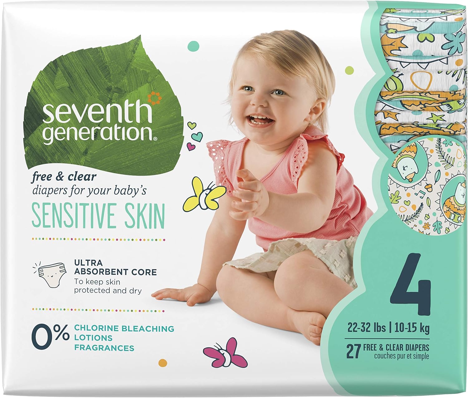 Seventh Generation Pañales de bebé para piel sensible, estampado de animales, talla 4, 27 unidades