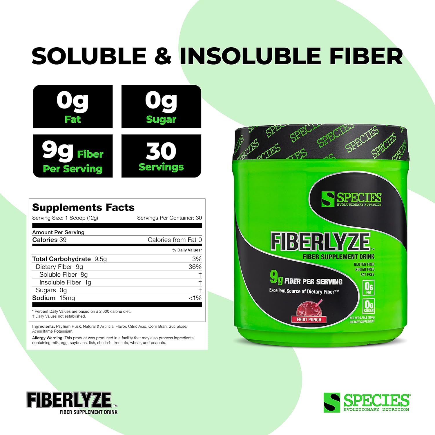 Species Nutrition Suplemento de fibra Fiberlyze, polvo de fibra soluble e insoluble a base de psyllium para colon saludable, funciones digestivas