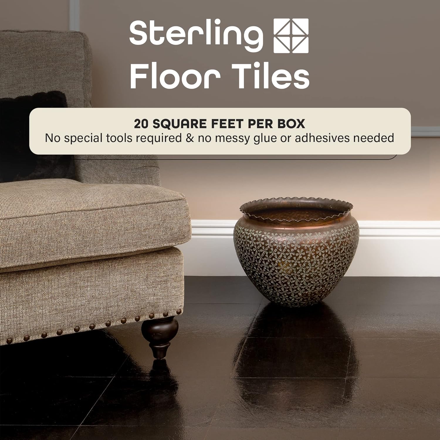 Sterling – Azulejos de vinilo autoadhesivos de 12 pulgadas, 20 azulejos de 12 x 12 pulgadas, patrón negro liso, despegar y pegar, suelos de