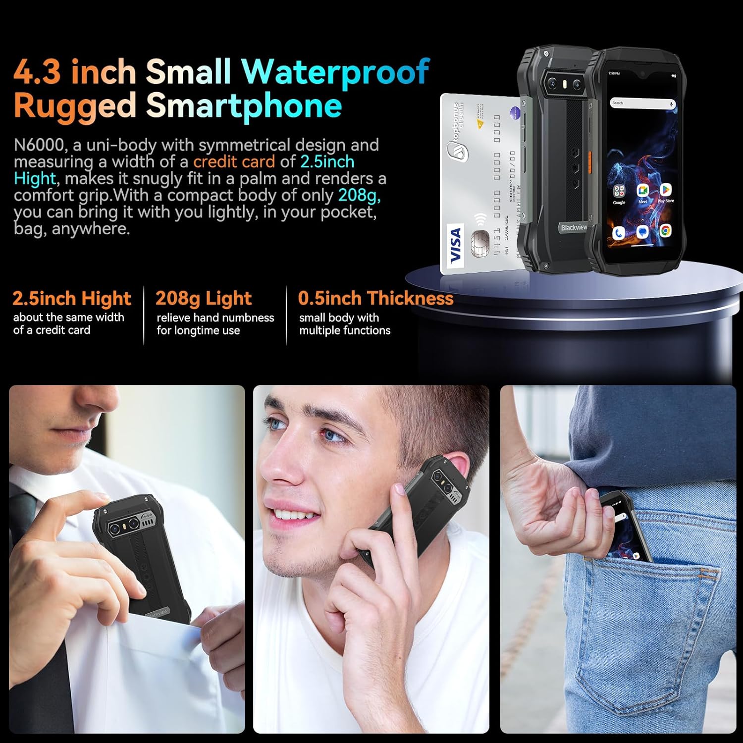 Blackview N6000 Smartphone resistente 2023, teléfono Android 13 pequeño de 4.3 pulgadas, 16 GB 256 GB Octa-core MTK Helio G99 6nm, cámara de 48 MP +
