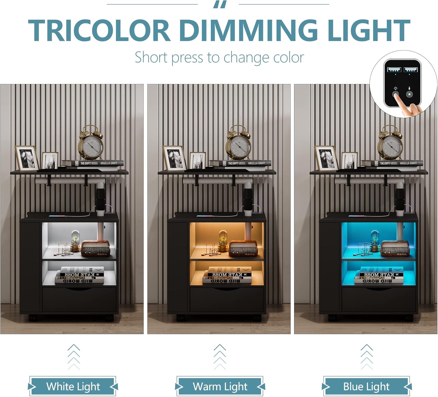 dnbss Juego de 2 mesitas de noche LED, mesa de noche moderna, mesita de noche inteligente con estación de carga USB, cajón de almacenamiento,