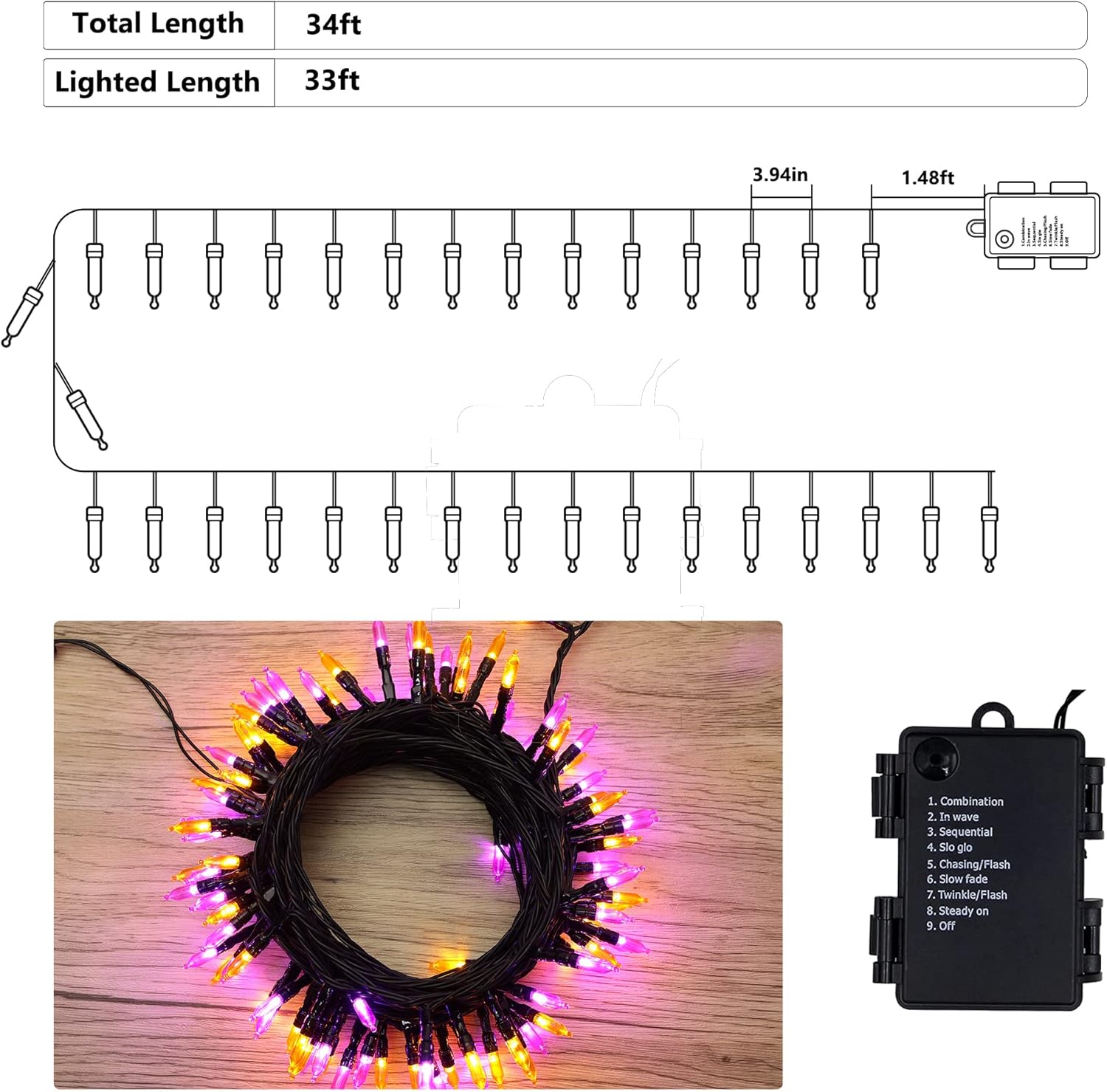 BrizLabs Luces de Halloween naranjas y moradas, 33 pies, 100 luces LED de Halloween, 8 modos de luces naranja y morado con temporizador, mini cadena