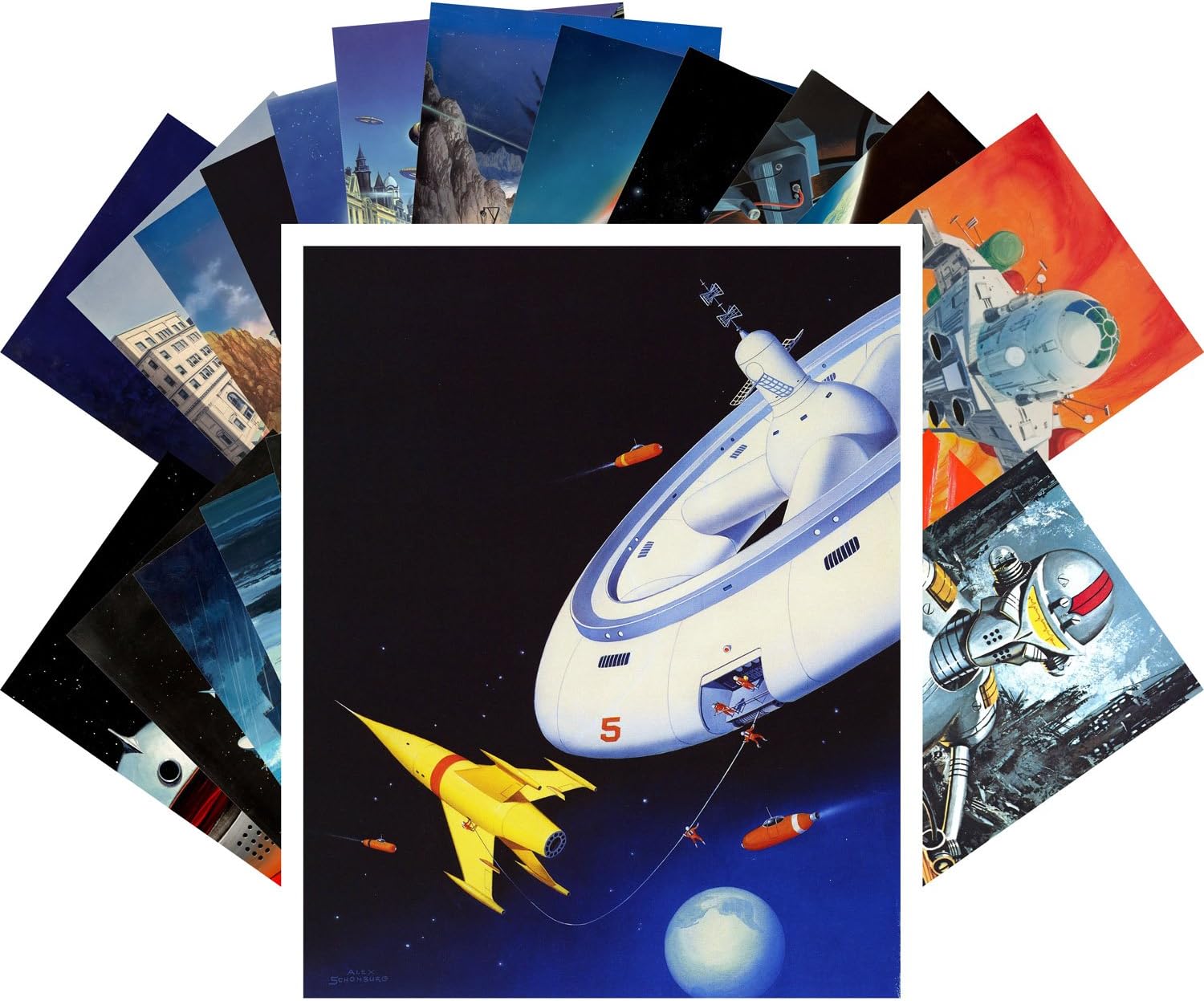 PIXILUV Postales vintage 24 piezas Vintage SciFi Pulp Fiction Cómic Magazine Art por Alex Schomburg Ed Valigursky