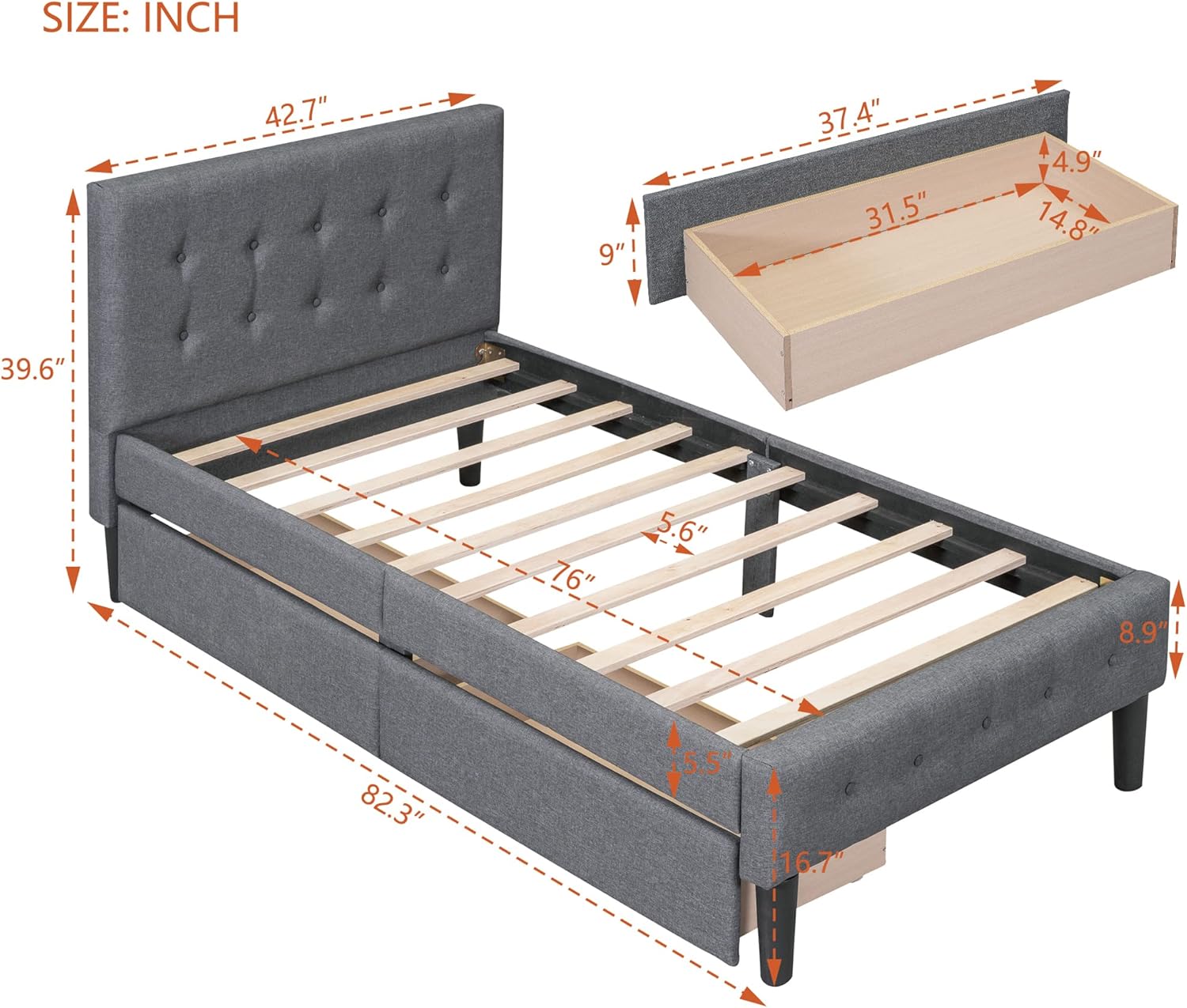 CITYLIGHT Cama de plataforma tapizada de tamaño individual con cabecero y dos cajones, marcos de cama individual de madera de lino con