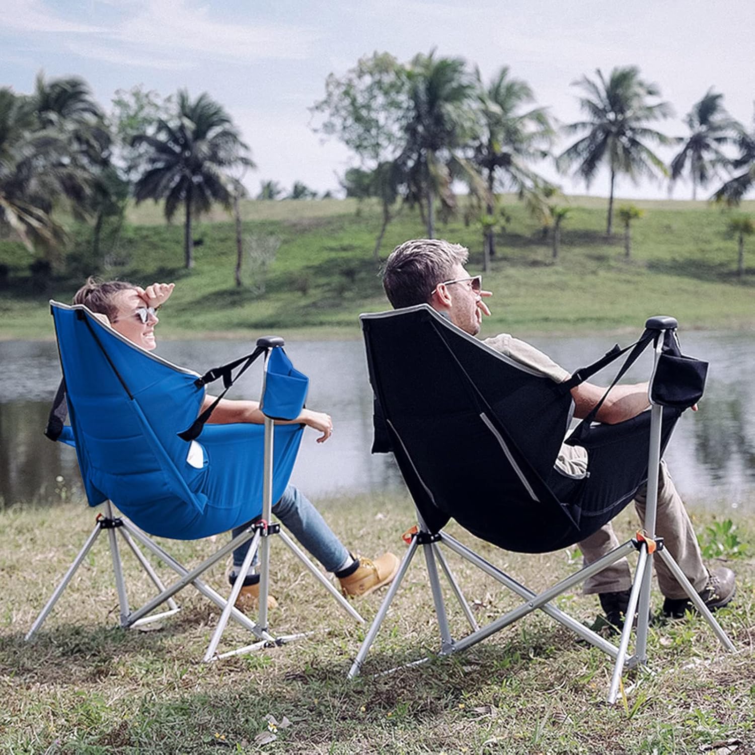 KingCamp Hamaca, silla de camping, mecedora oscilante para adultos, césped, playa, silla plegable portátil con soporte trasero ajustable, soporte