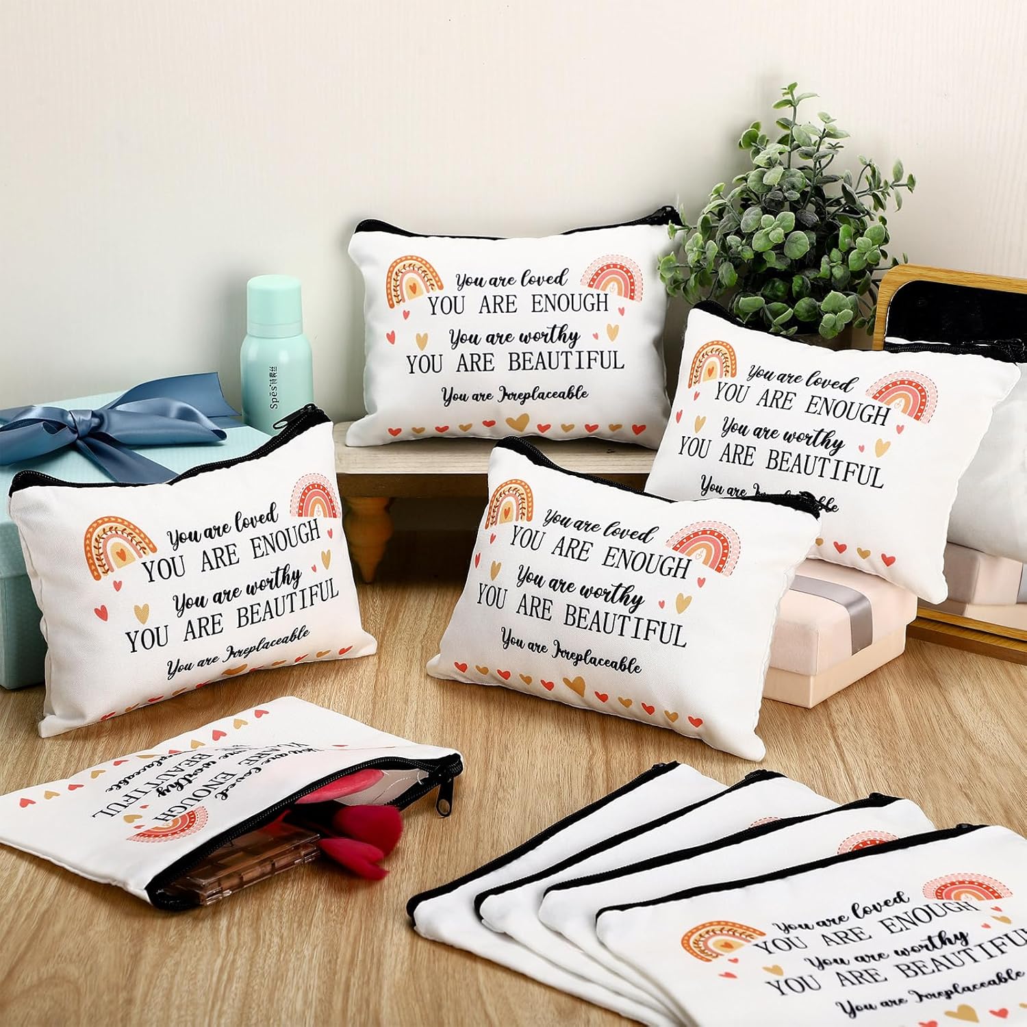 10 bolsas de cosméticos arcoíris con citas inspiradoras, bolsas de maquillaje You Are Enough Worthy Loved Gift Bag Positive Makeup Bag para bolso,