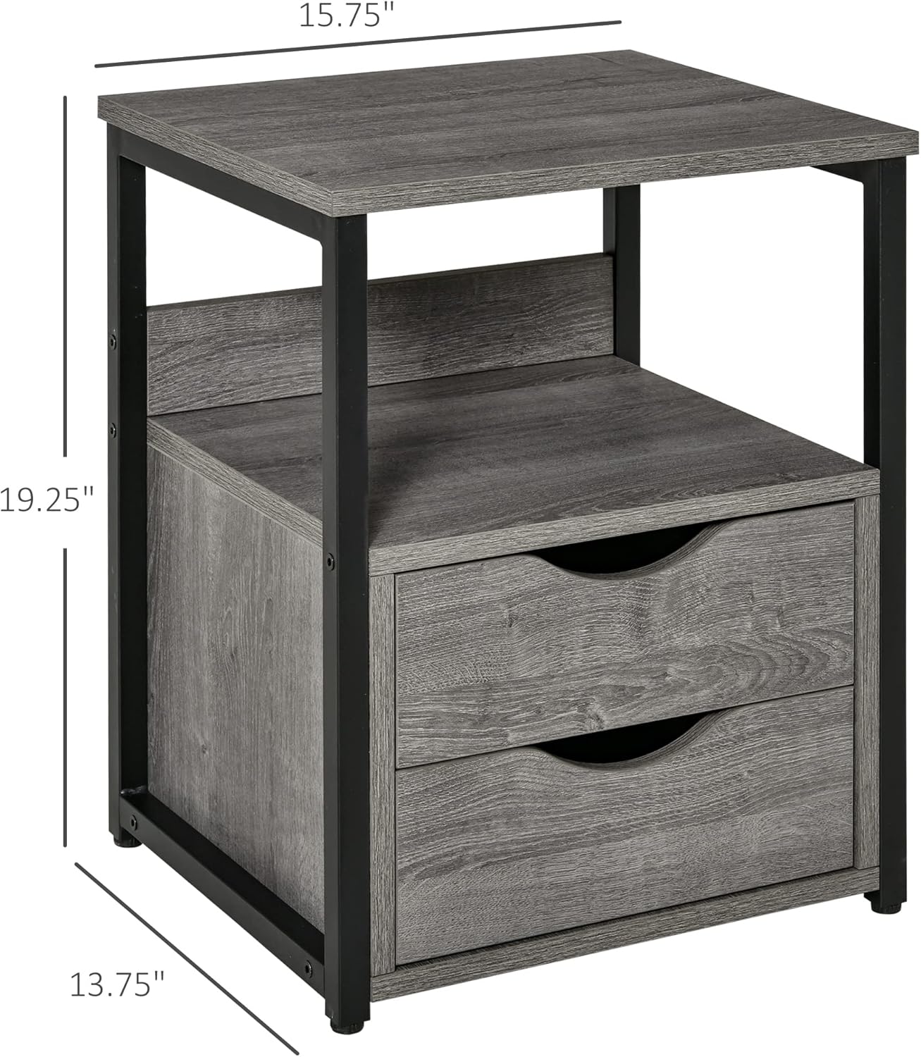 HOMCOM Mesa auxiliar industrial con 2 cajones, mesa auxiliar pequeña con estante de almacenamiento, mesa de sofá decorativa con mango de ranura y