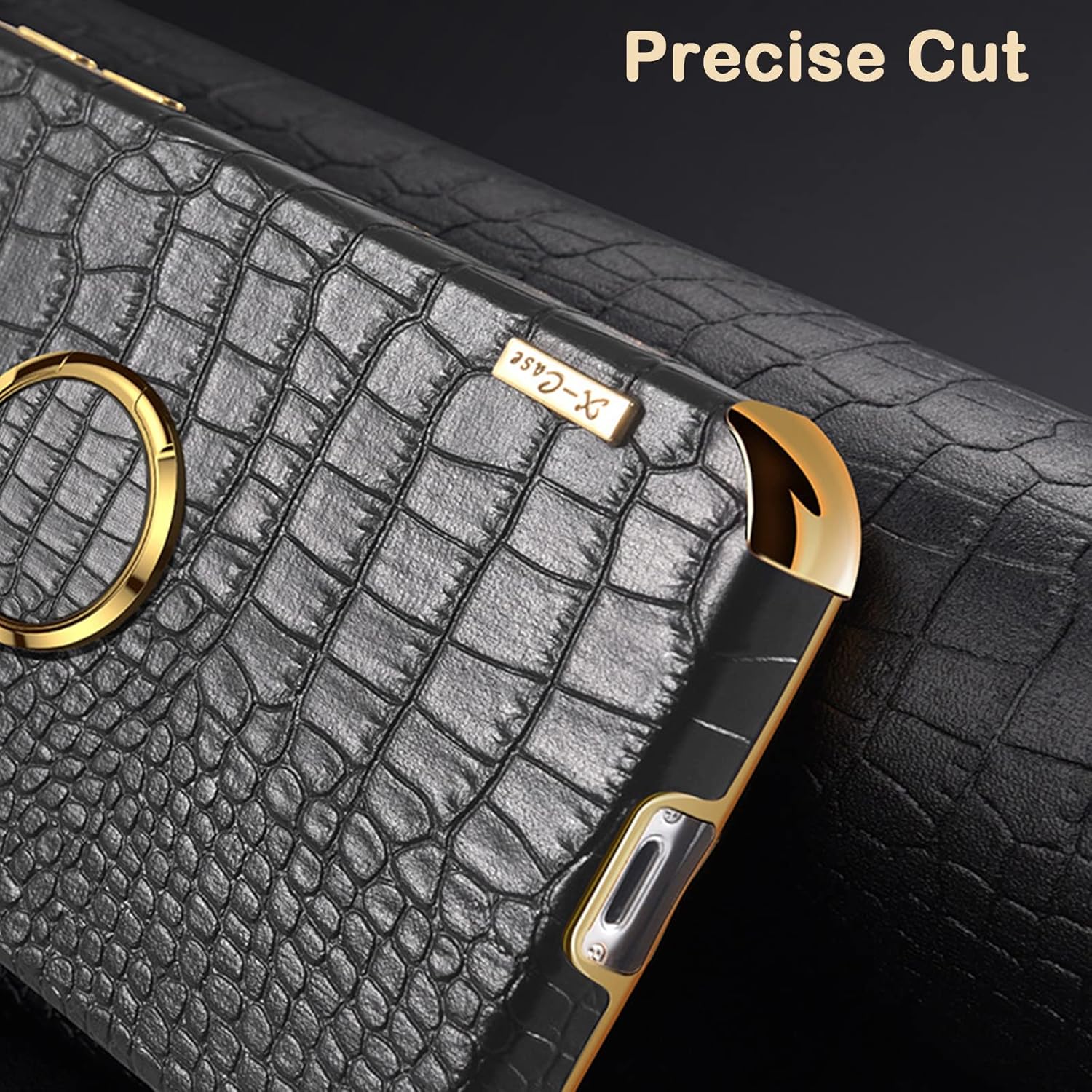 aowner Funda para iPhone 15 con soporte de anillo de 360 , funda de cuero con patrón de cocodrilo de lujo, parachoques dorado, a prueba de golpes,