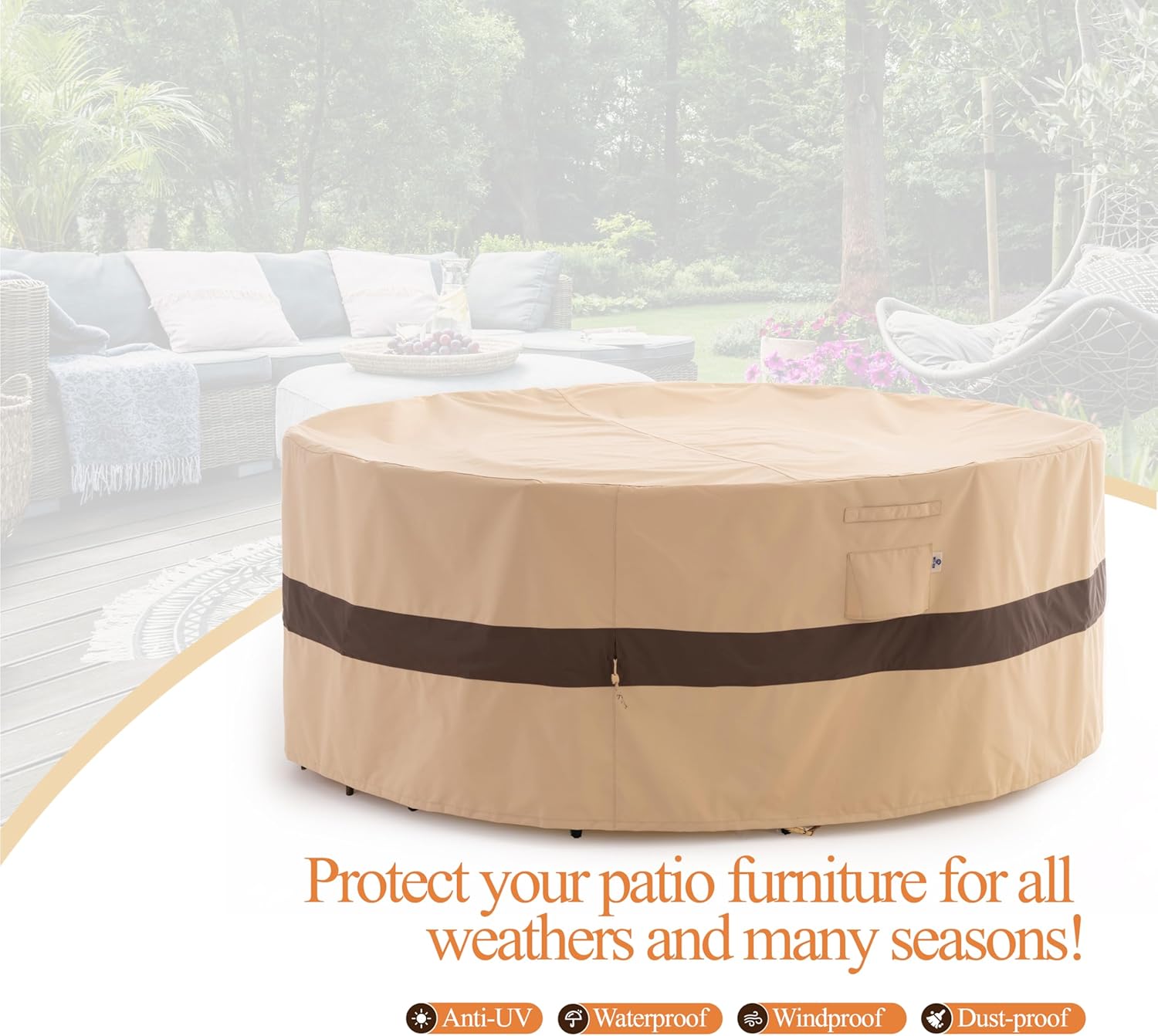 WJ-X3 Funda redonda para muebles de patio, 84 pulgadas de profundidad x 31 pulgadas de alto, impermeable, resistente a los rayos UV, funda de