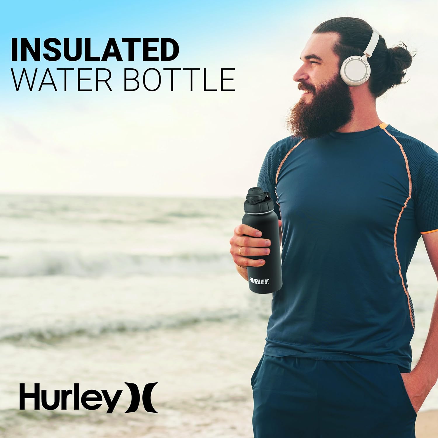 Hurley Botella de agua aislada  Botella de agua de acero inoxidable de 32 onzas, botella de agua de viaje para deportes y actividades al aire libre