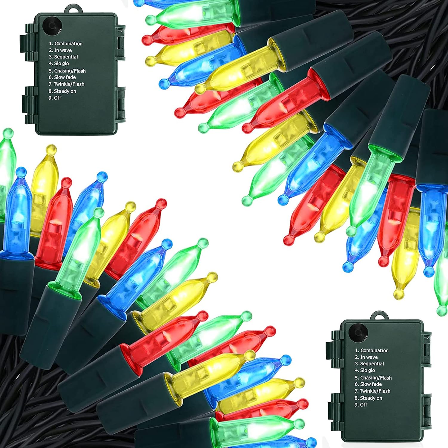 Luces de Navidad a pilas, paquete de 2 mini tiras de 50 luces LED de 17 pies con 8 modos de temporizador automático, luces de árbol impermeables