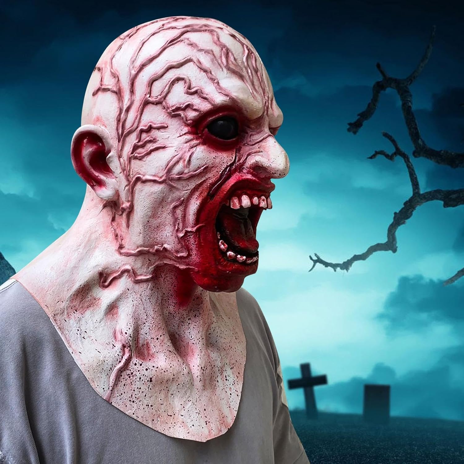 Máscara de alienígena de látex espeluznante máscara de alienígena de terror de Halloween, accesorios de fiesta de disfraces de miedo, tenedor y