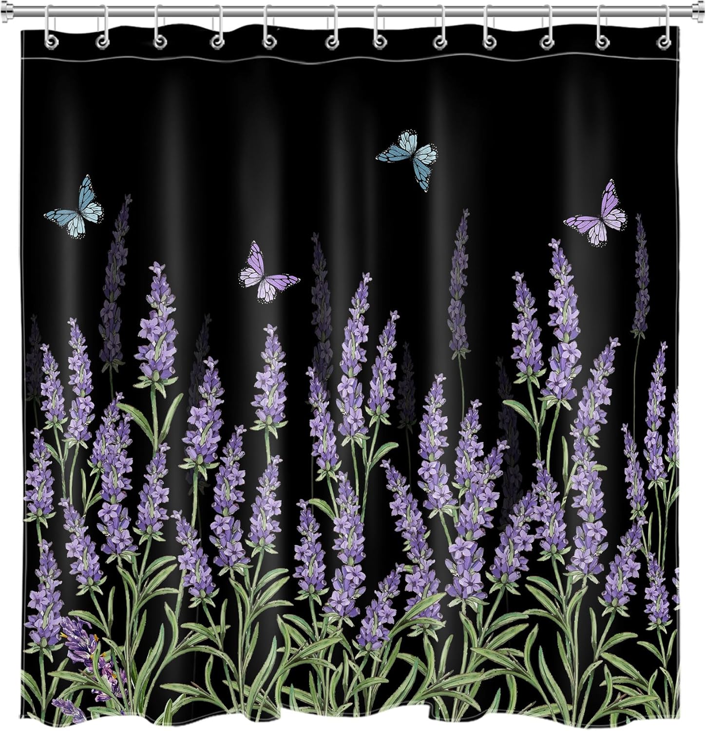 LB Butterfly and Floral Shower Curtain Sets with Rugs Lavender Flower with Green Leaves on Black Fabric Shower Curtain with Hooks Nature Botanical