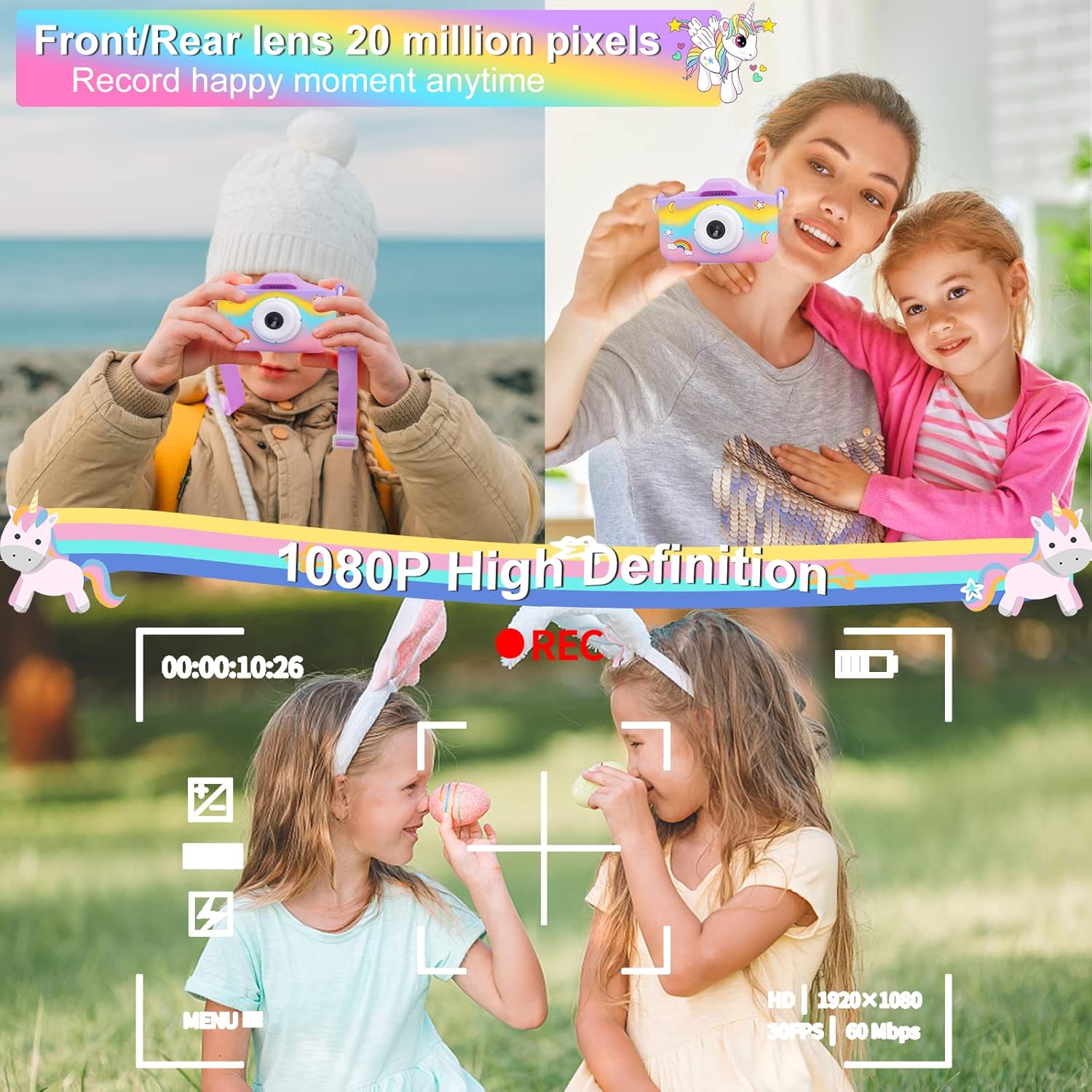 Unicorn Kids Camera for Girls, Christmas Birthday Gifts for Girls Age 3-8, HD Selfie Digital Video Camera for Toddler, Cute Toy Camera with 32GB SD