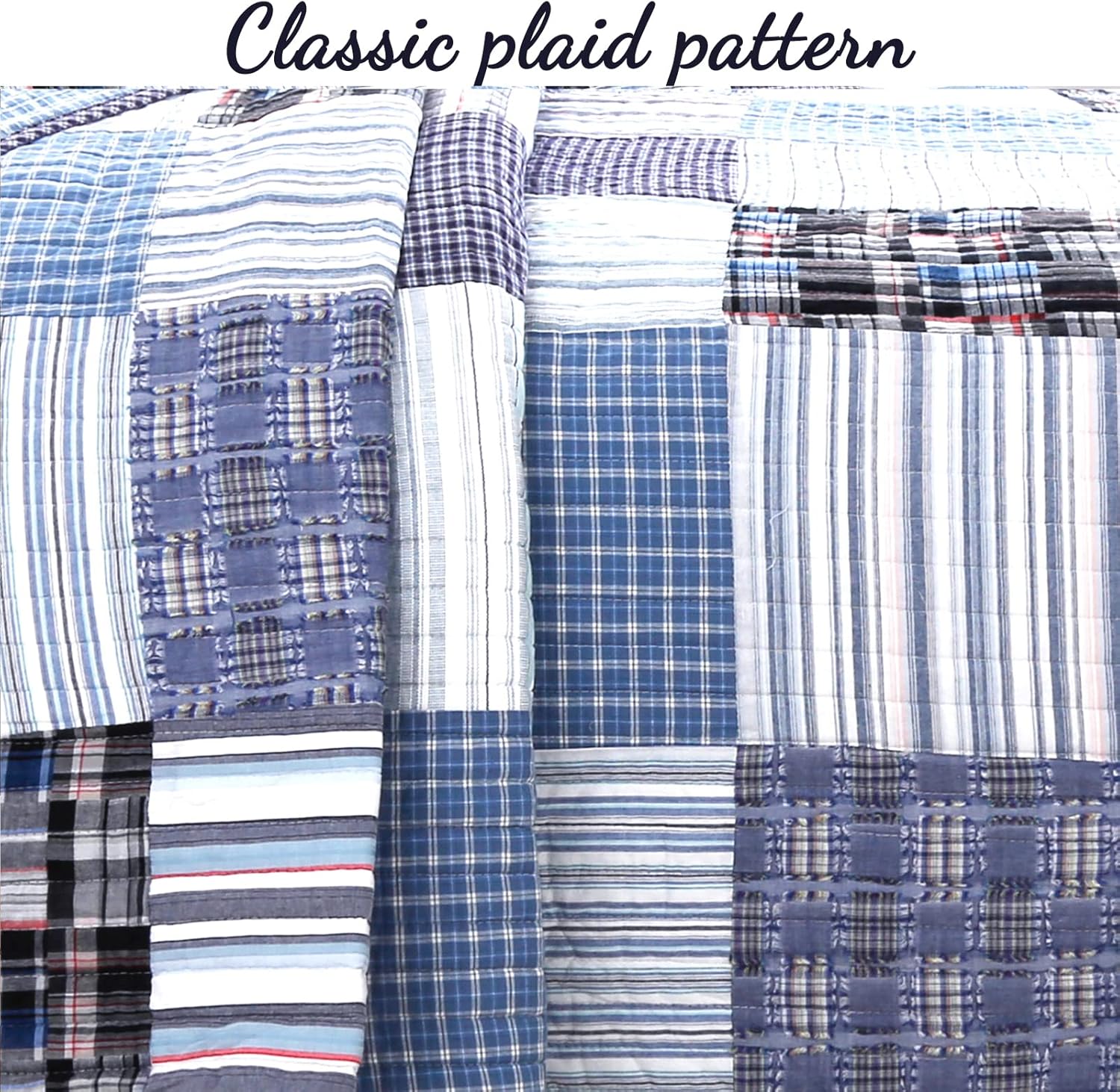 Cozy Line Home Fashions Juego de ropa de cama reversible de 100% algodón, azul marino, a cuadros, a rayas, colcha de retazos reales (Daniel