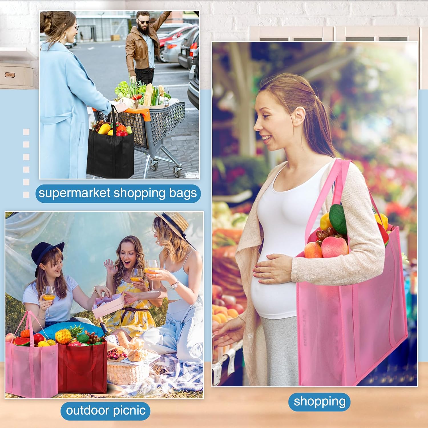 20 bolsas de comestibles reutilizables con asas reforzadas, bolsas de compras grandes y resistentes, bolsas de Navidad