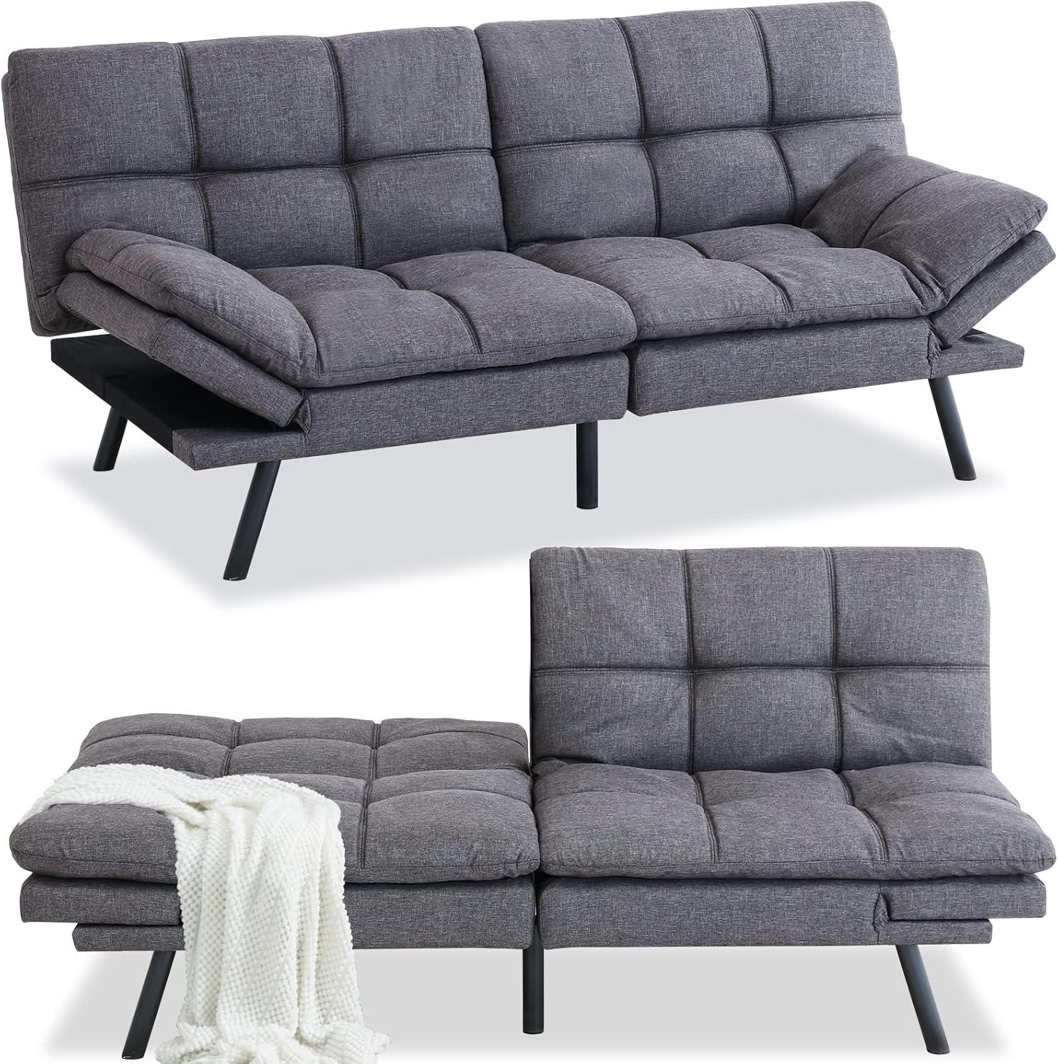 Opoiar, Moderno convertible, sofá de espuma viscoelástica, sofá biplaza futón, sofá de cama ajustable de lino transpirable, sofá cama ajustable de