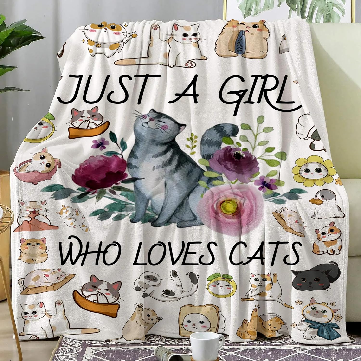 Manta de franela ultrasuave con diseño de gato con la frase “Just a Girl Who Loves Cat”, regalos para amantes de los gatos, manta ligera y acogedora