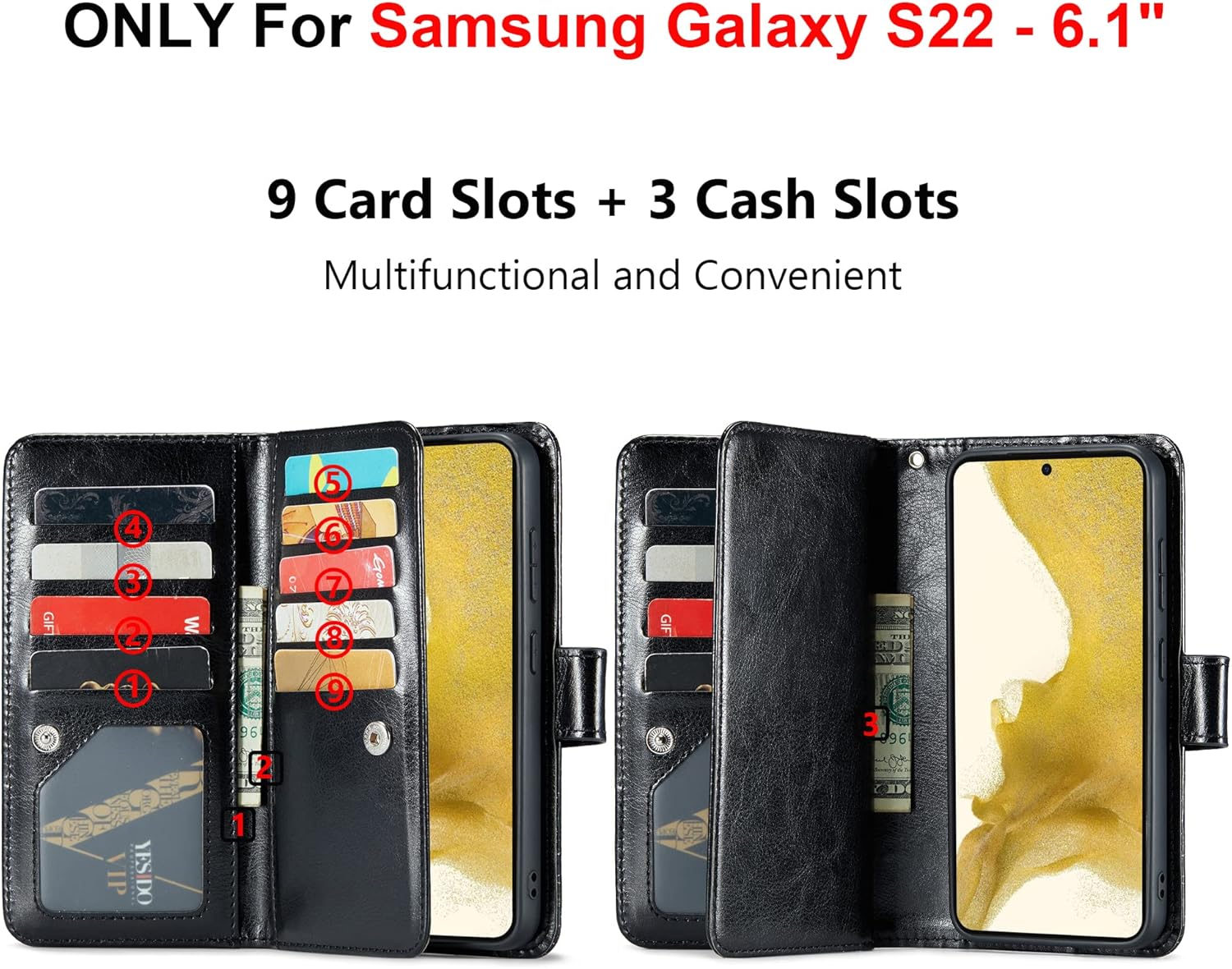 Varikke Funda para Samsung Galaxy S22, cartera magnética desmontable con tapa para Galaxy S22 con tarjetero y soporte y muñequera de piel sintética