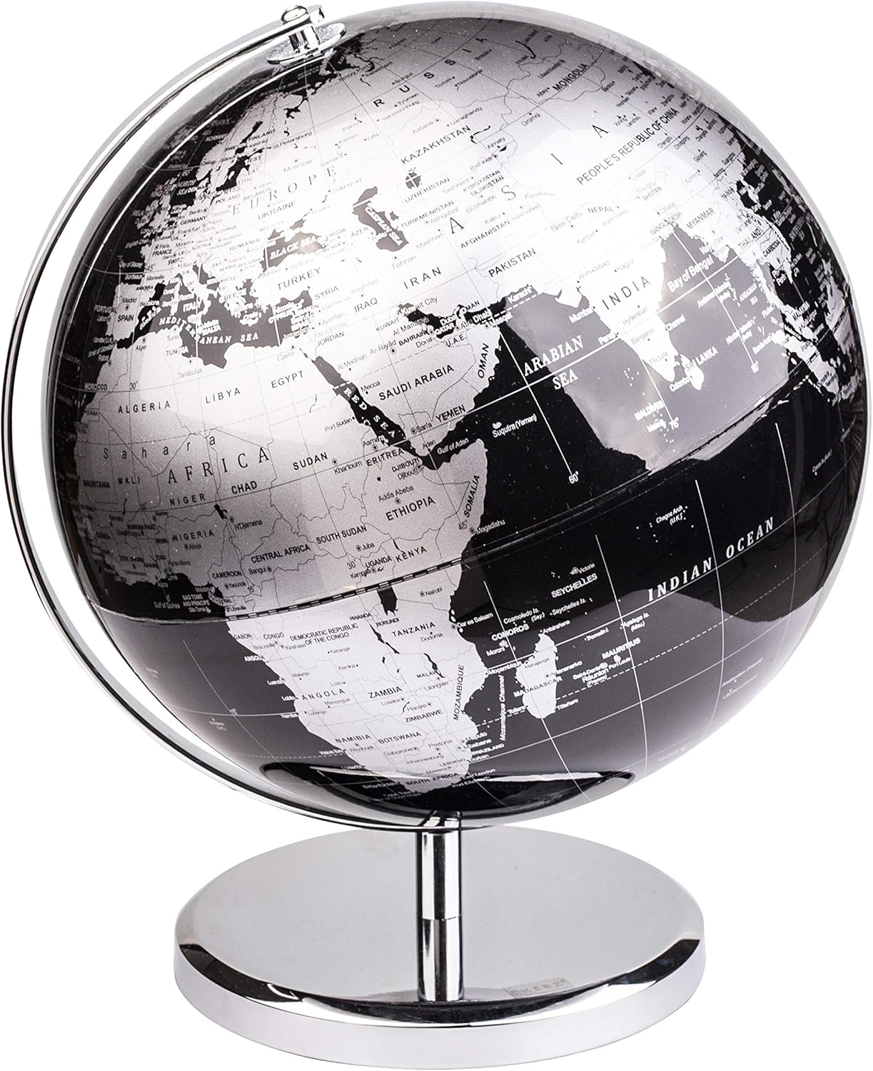 Exerz Globo del mundo de 10 pulgadas, arco y base de acero inoxidable, decoración educativageográficamoderna de escritorio, color negro metálico