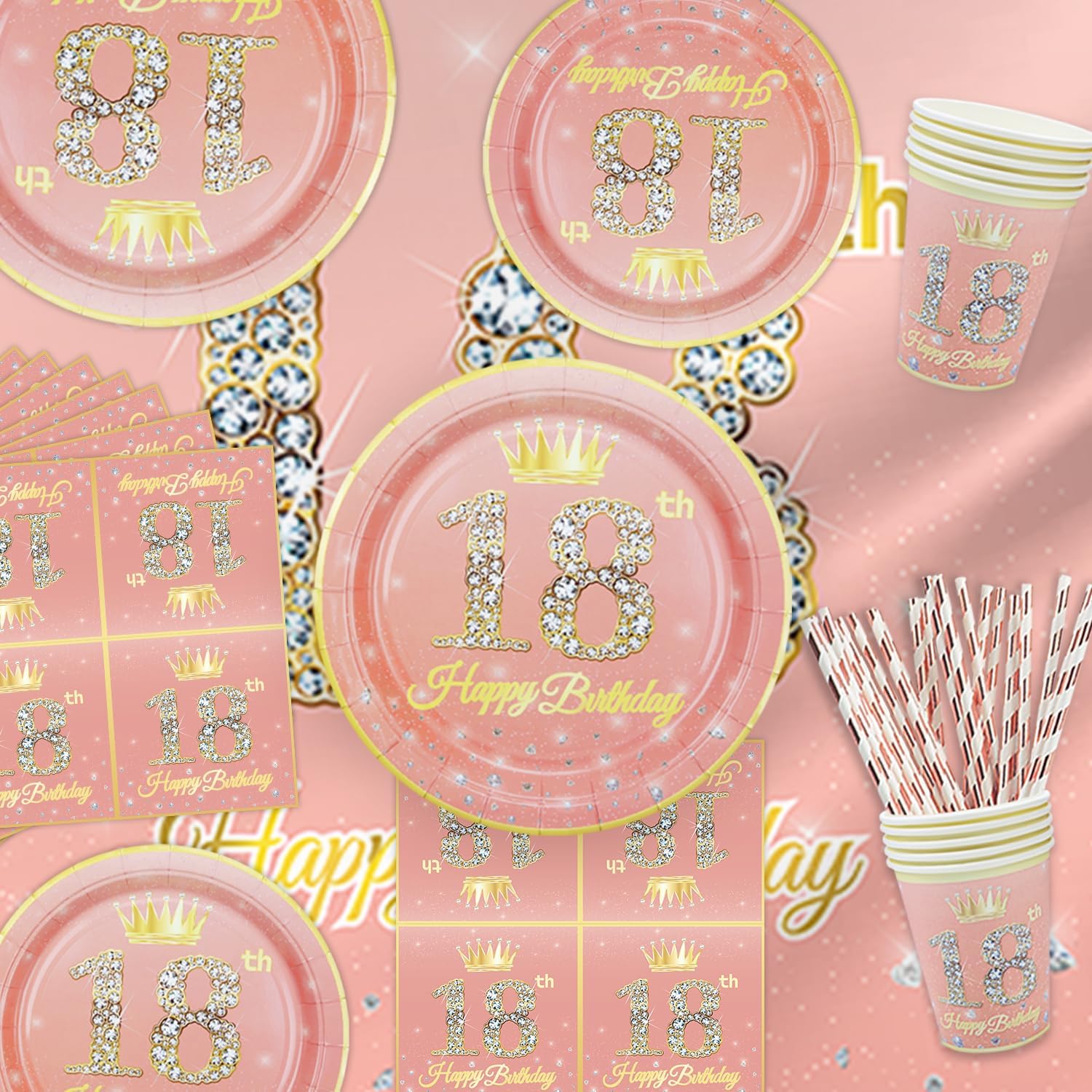 239 piezas de decoración de fiesta de cumpleaños número 18 de oro rosa para niñas, suministros de feliz cumpleaños 18 de oro rosa, juego de vajilla,