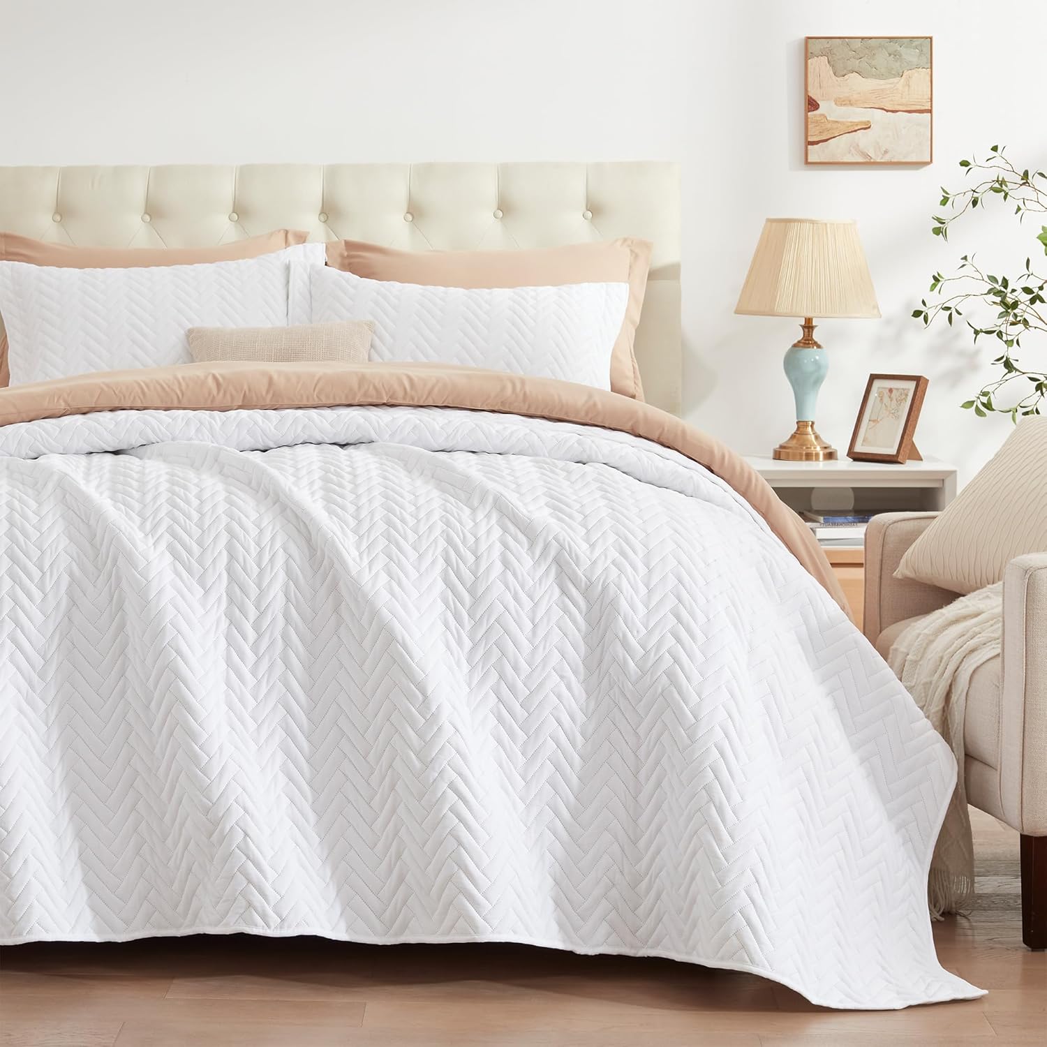 GRT Juego de edredón blanco tamaño King con fundas de almohada, edredón ligero, reversible, estilo moderno, patrón rectangular, juego de ropa de