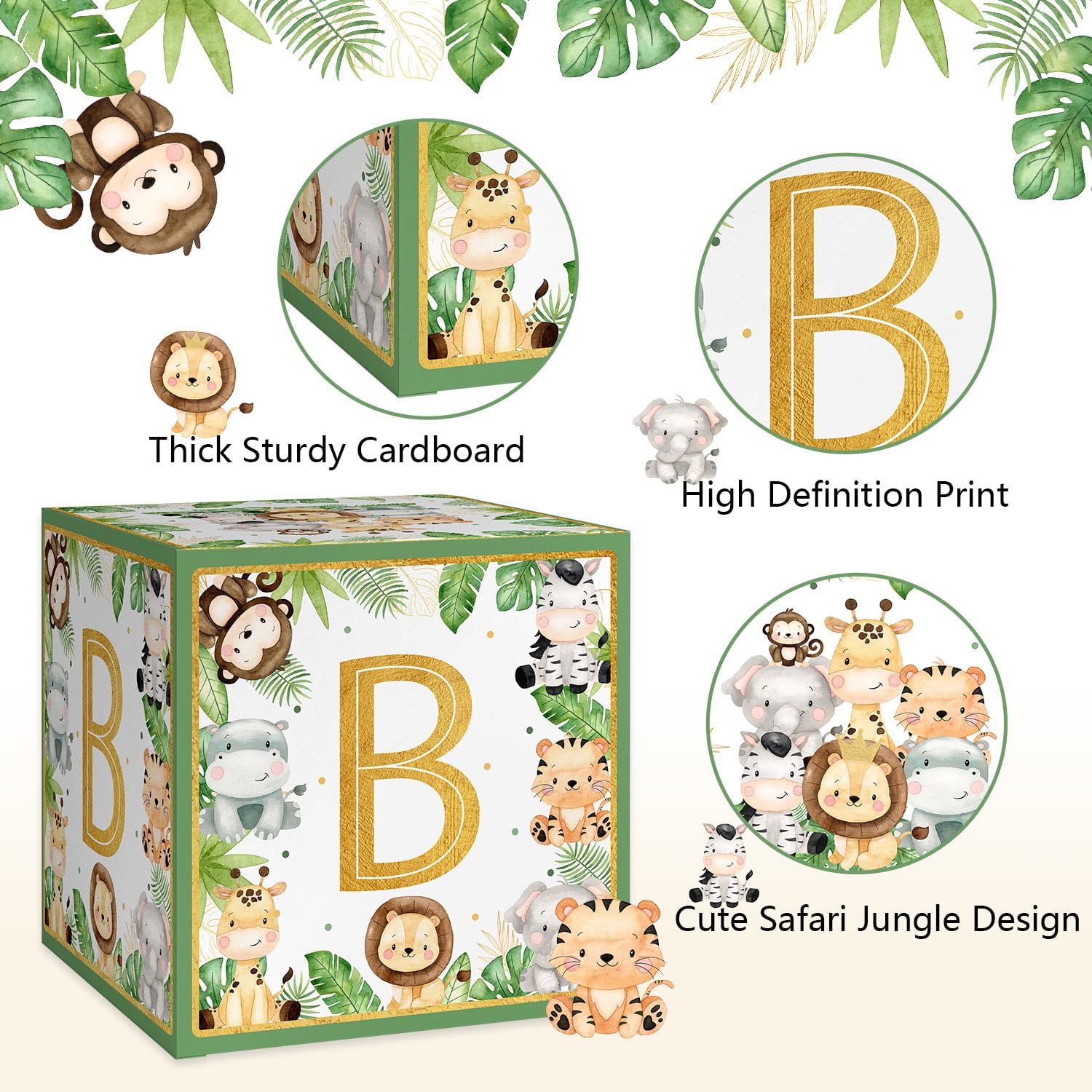 Safari Jungle – Decoraciones para baby shower, cajas de bebé con letras, 4 piezas de animales verdes grandes para niños, cajas de baby shower,