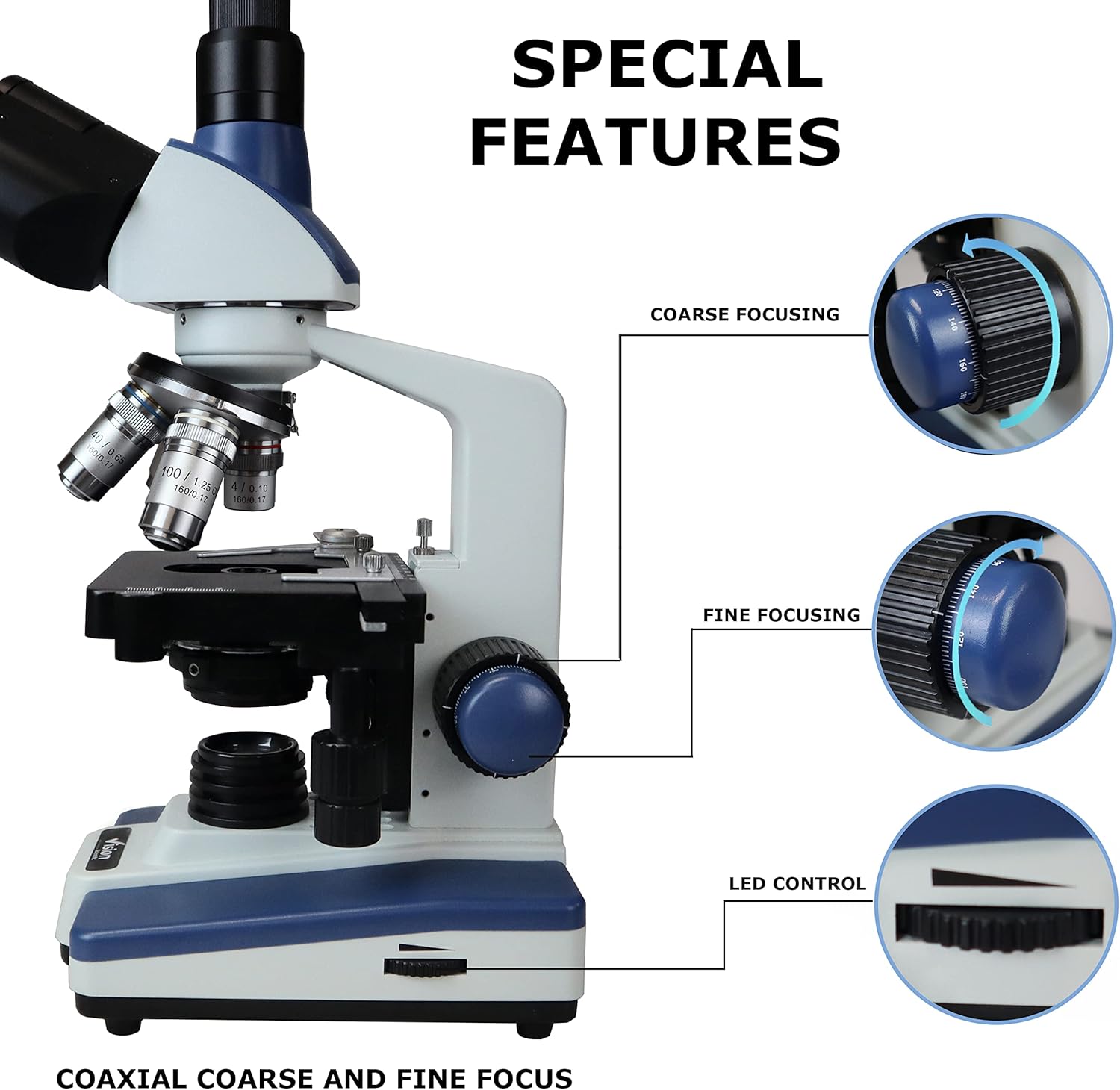 Vision Scientific Microscopio compuesto trinocular Siedentopf VS-60T-RC-DT1.3, aumento 40X-2500X, oculares WF 10X y 25X, etapa mecánica de doble