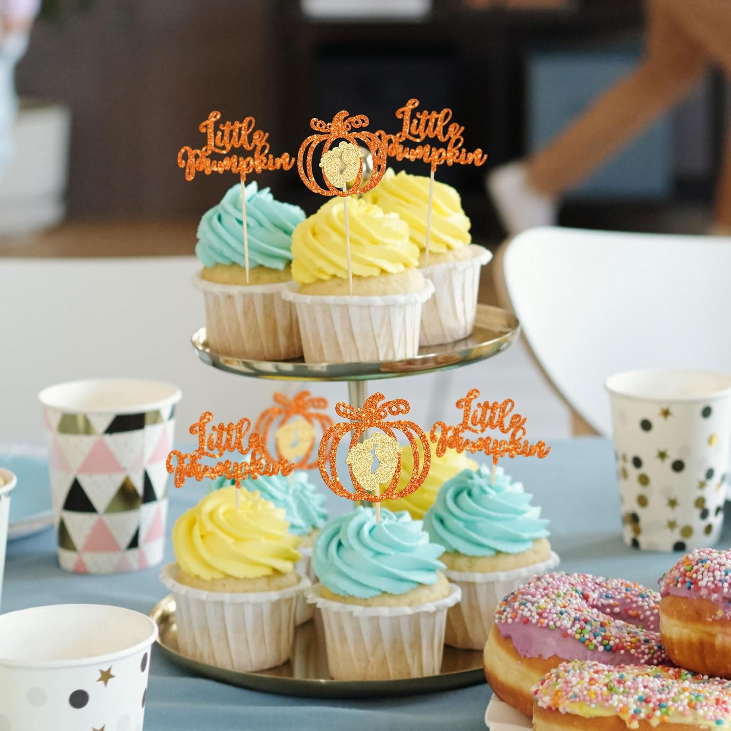 24 adornos para cupcakes de calabaza con purpurina naranja para baby shower, decoraciones de pastel de calabaza para Acción de Gracias, Halloween,