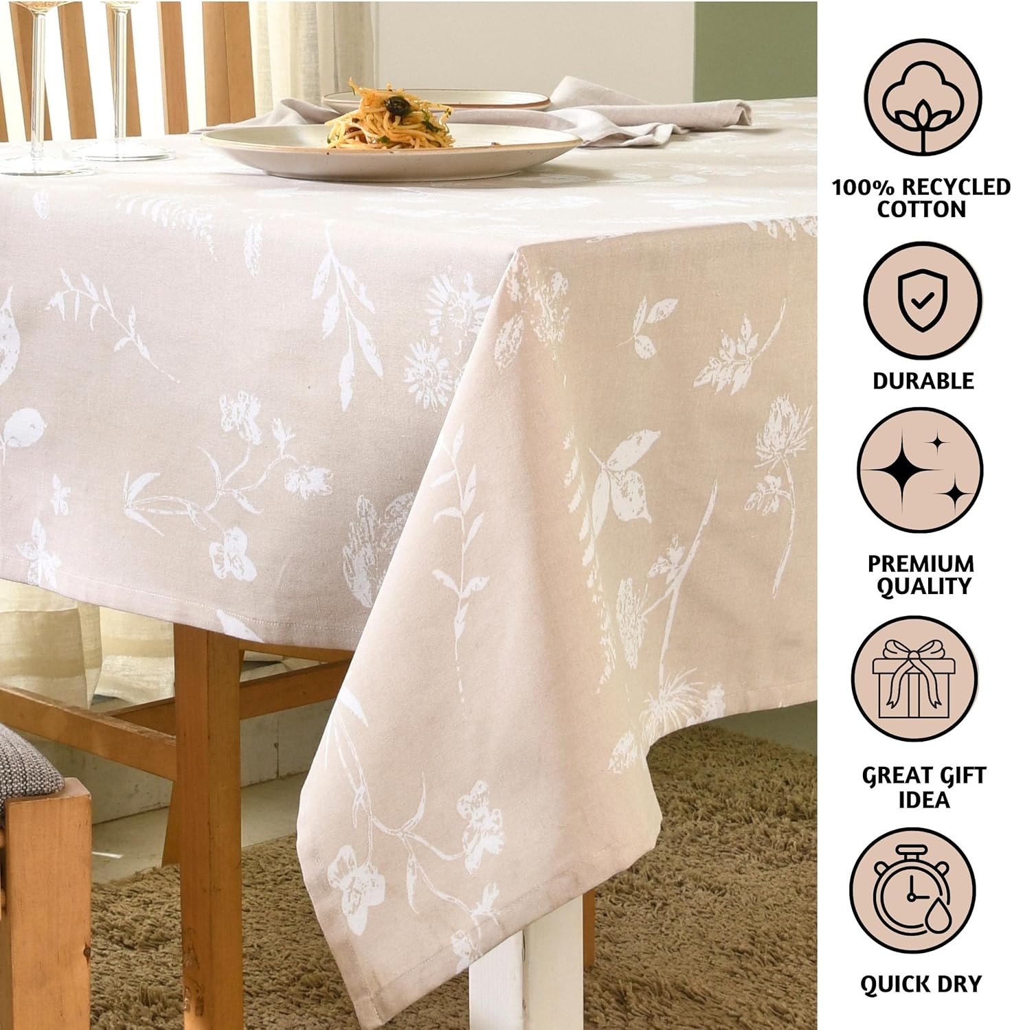 Folkulture Mantel de 60 x 102 pulgadas, mantel rectangular floral 100% algodón para decoración del hogar, mantel moderno blanco o cubierta de mesa