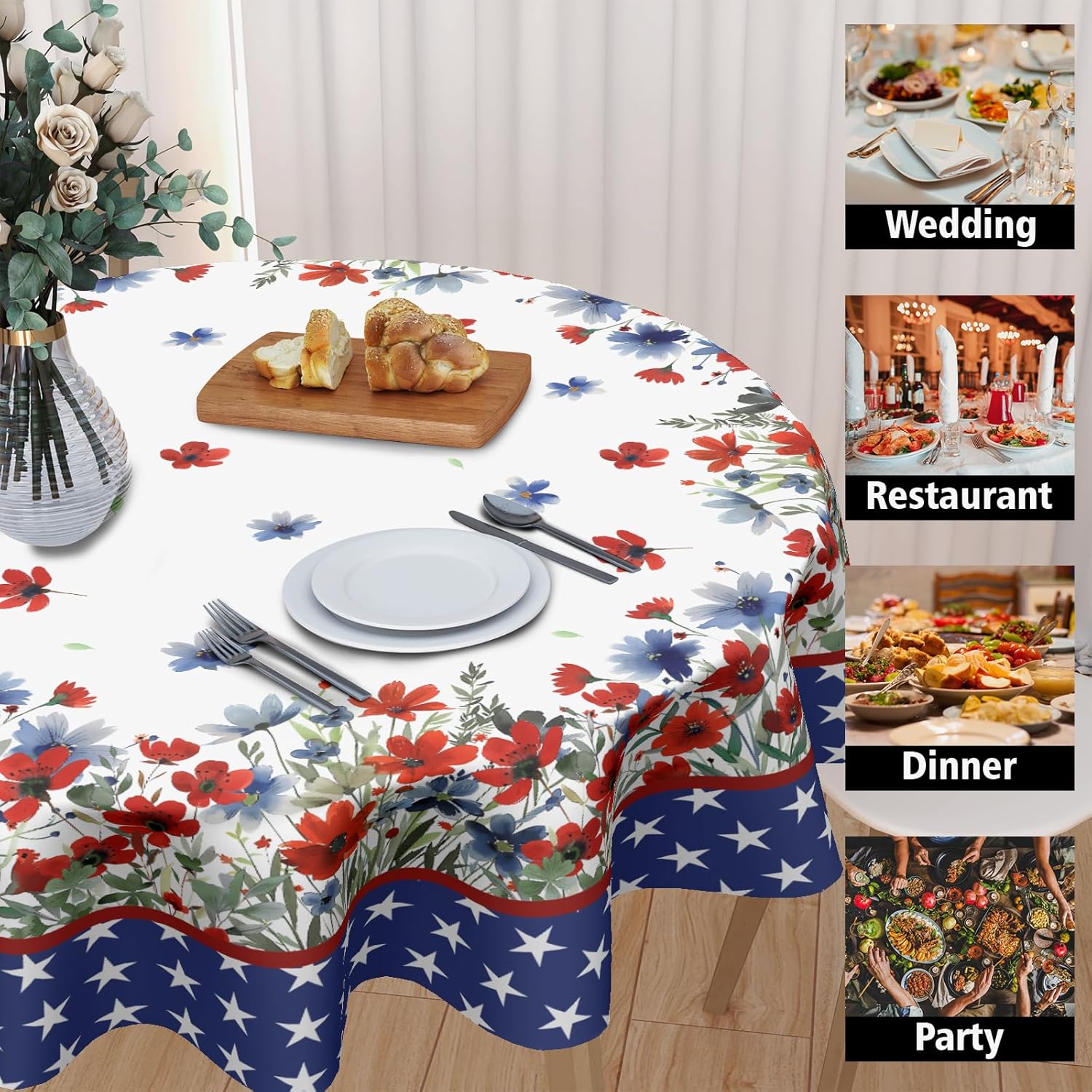 Mantel redondo para el 4 de julio, 60 pulgadas, diseño de acuarela rojo y azul, floral, patriótico, Día de la Independencia, Día de los Caídos,