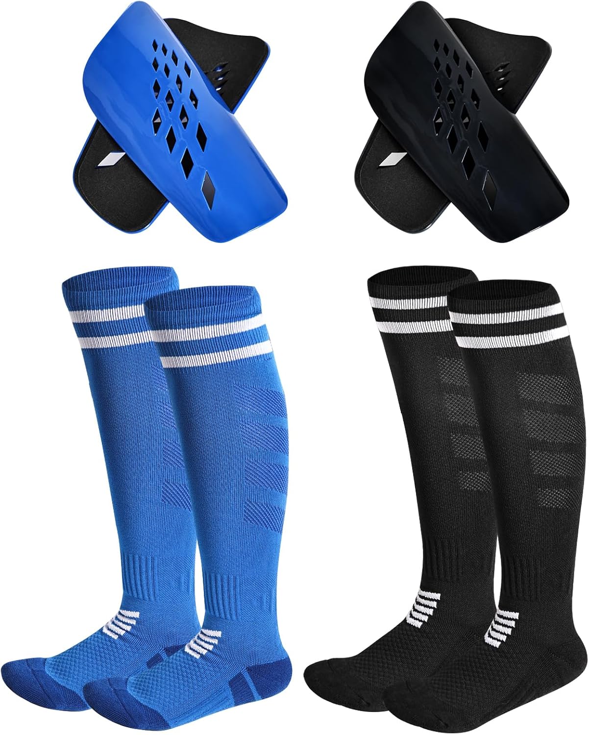 2 pares de espinilleras de fútbol para niños, jóvenes y adultos, espinilleras y calcetines largos de fútbol para niños de 3 a 15 años de edad,