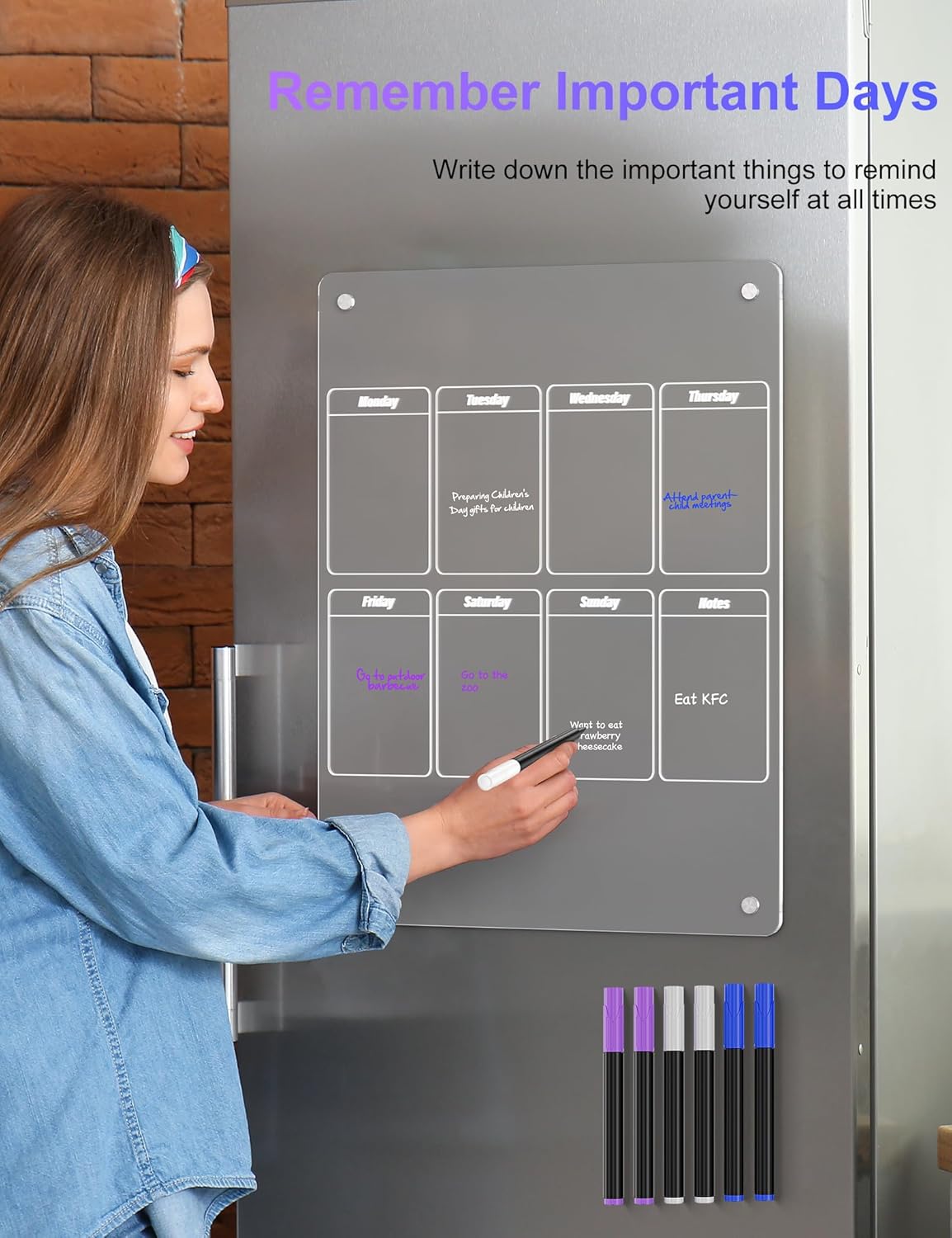 Calendario semanal mensual magnético acrílico para refrigerador, 2 juegos de calendario magnético transparente para refrigerador, planificador