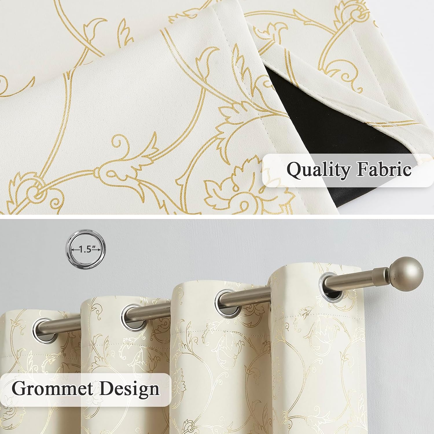 Enactex Cortinas 100% opacas de 84 pulgadas de largo para dormitorio, cortinas con patrón floral dorado para sala de estar, oscurecimiento de la