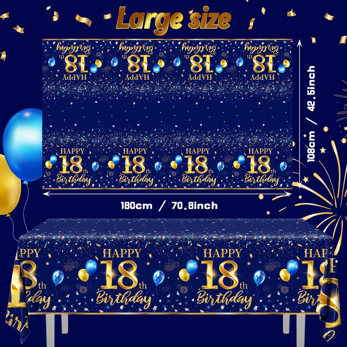 Decoraciones de cumpleaños número 18 para hombre, 3 piezas, color azul marino, fundas rectangulares de plástico impermeables de plástico dorado y
