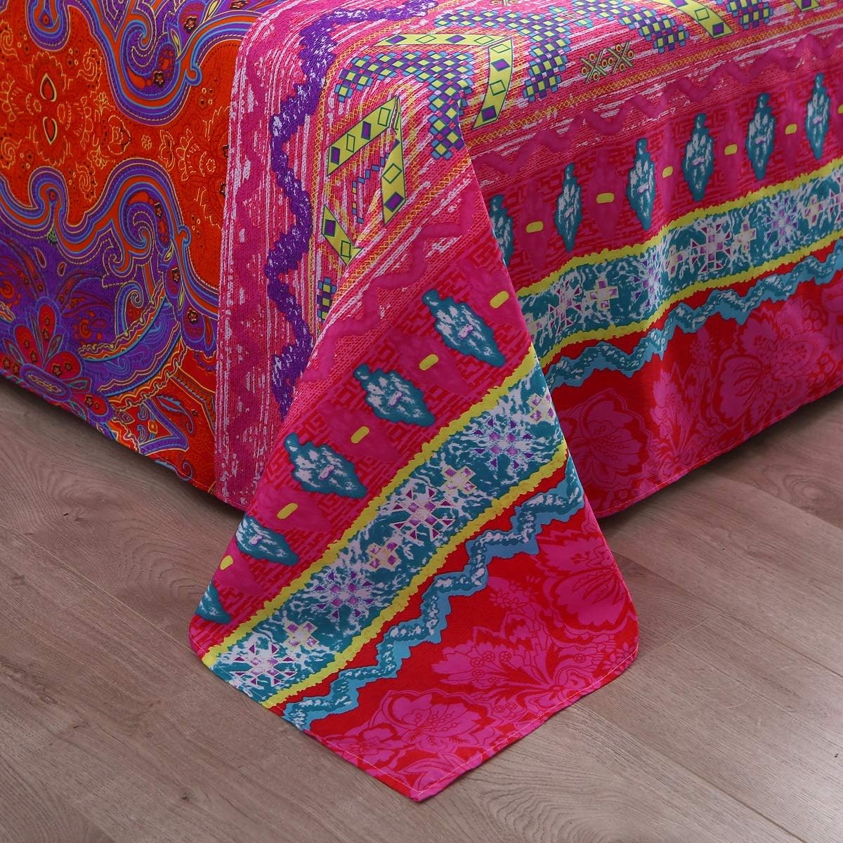 Juego de sábanas retro bohemias, 1 sábana bajera, 1 encimera, 2 fundas de almohada, 4 piezas (individual XL, rojo)