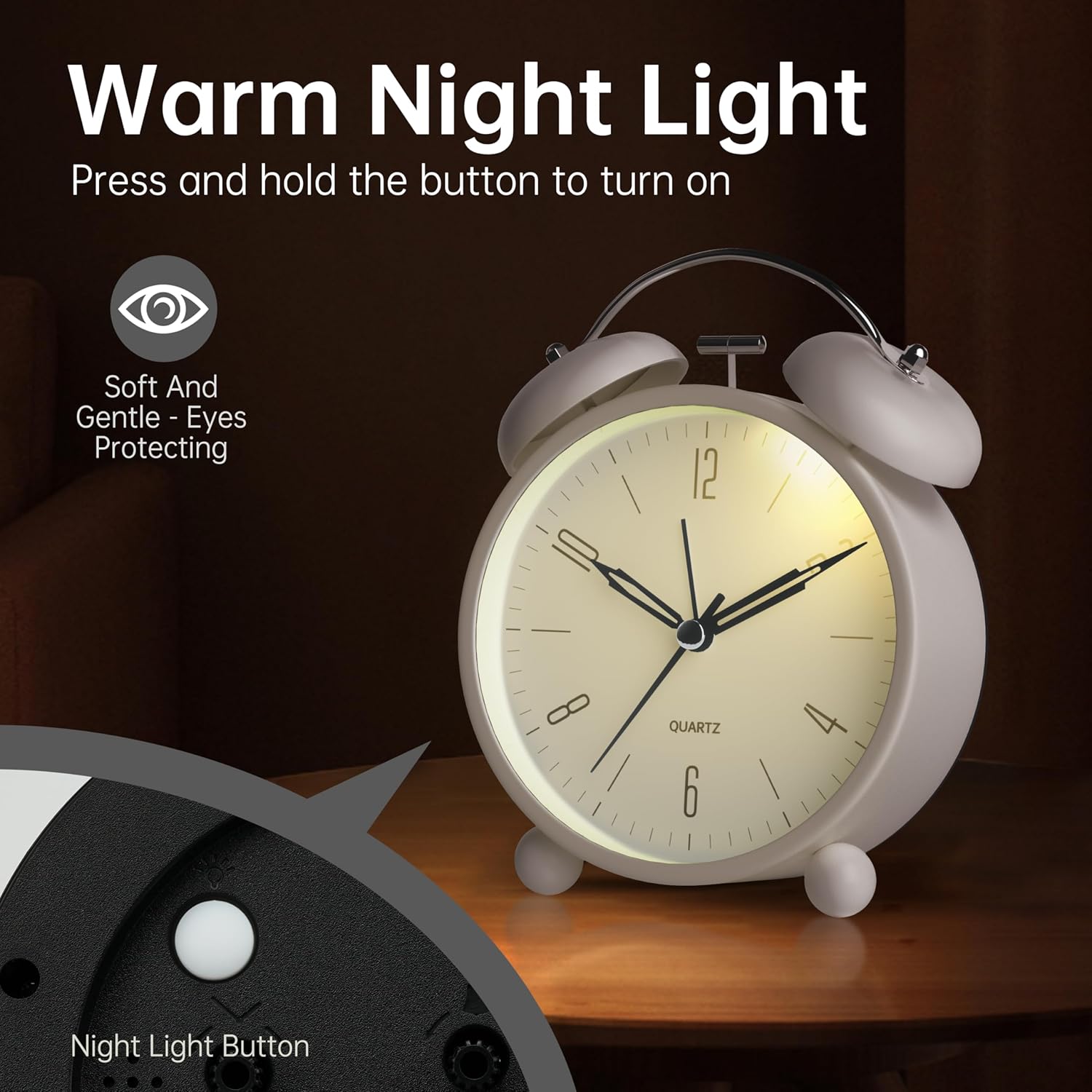 Reloj despertador analógico, reloj pequeño súper silencioso de 4 pulgadas sin tictac con luz nocturna, funciona con pilas, diseño simple, alarma