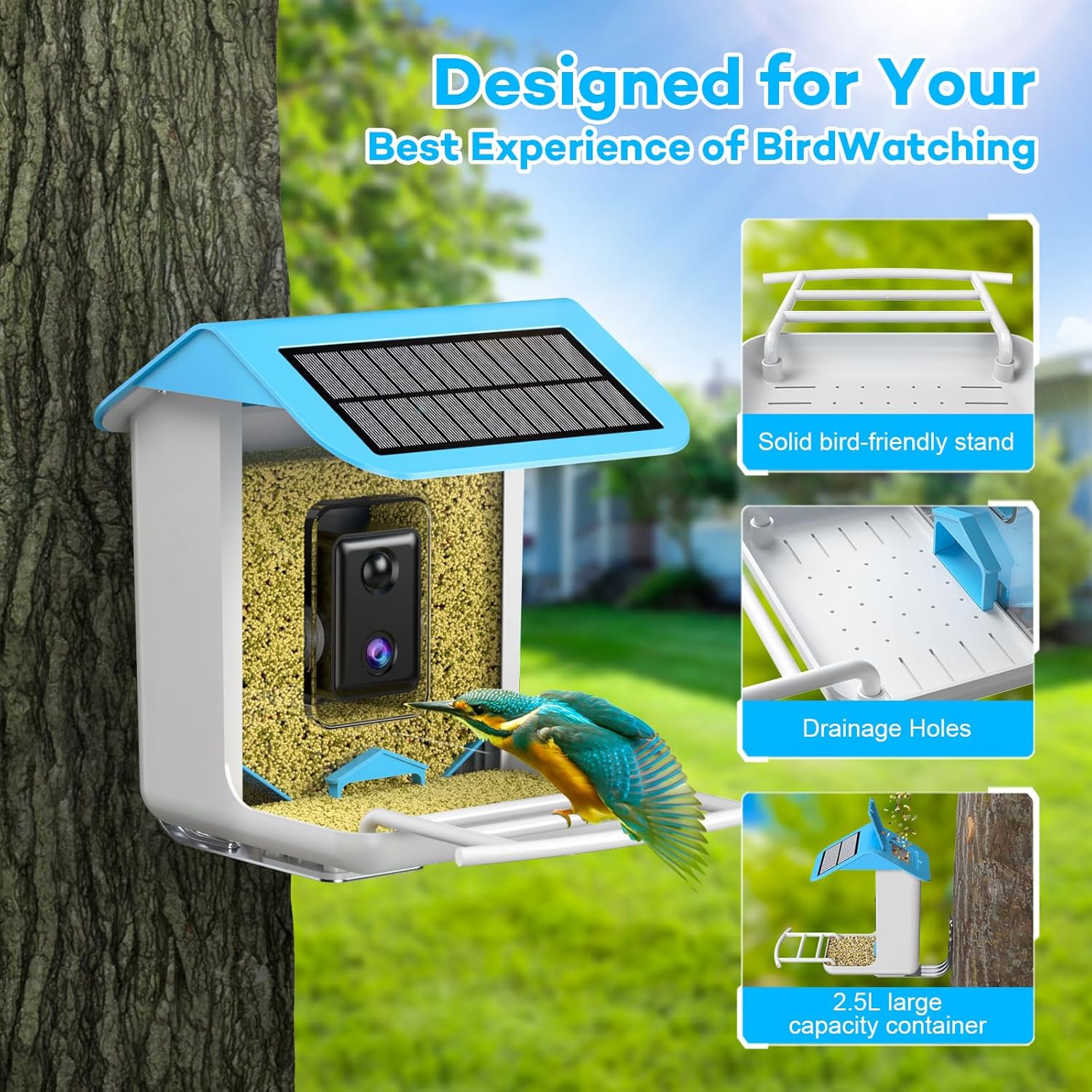 Comedero para pájaros con cámara, alimentador inteligente para pájaros con cámara, cámara de comedero de pájaros captura automática de pájaros y