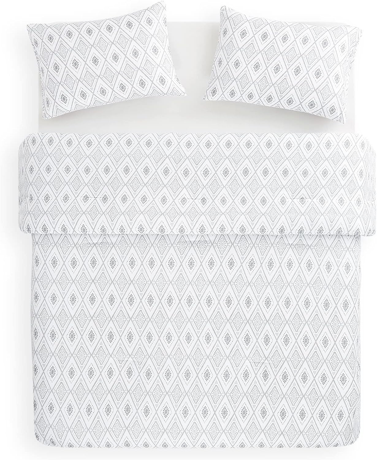 Wake In Cloud – Juego de edredón bohemio, patrón geométrico bohemio gris gris con forma de diamante impreso en blanco, ropa de cama de microfibra
