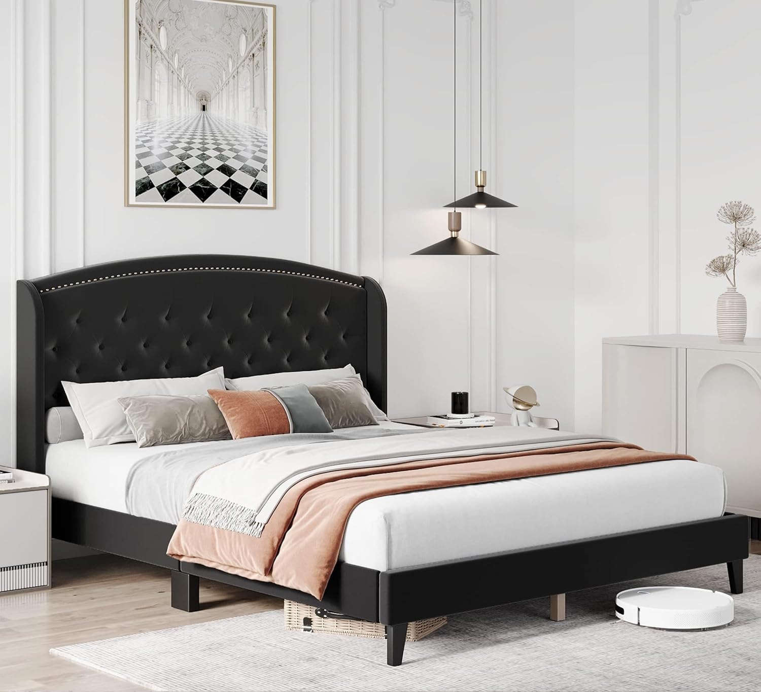 Assile Base de cama Queen con cabecera tapizada, cama de plataforma con respaldo de alas con terciopelo suave y diseño copetudo, listones de madera